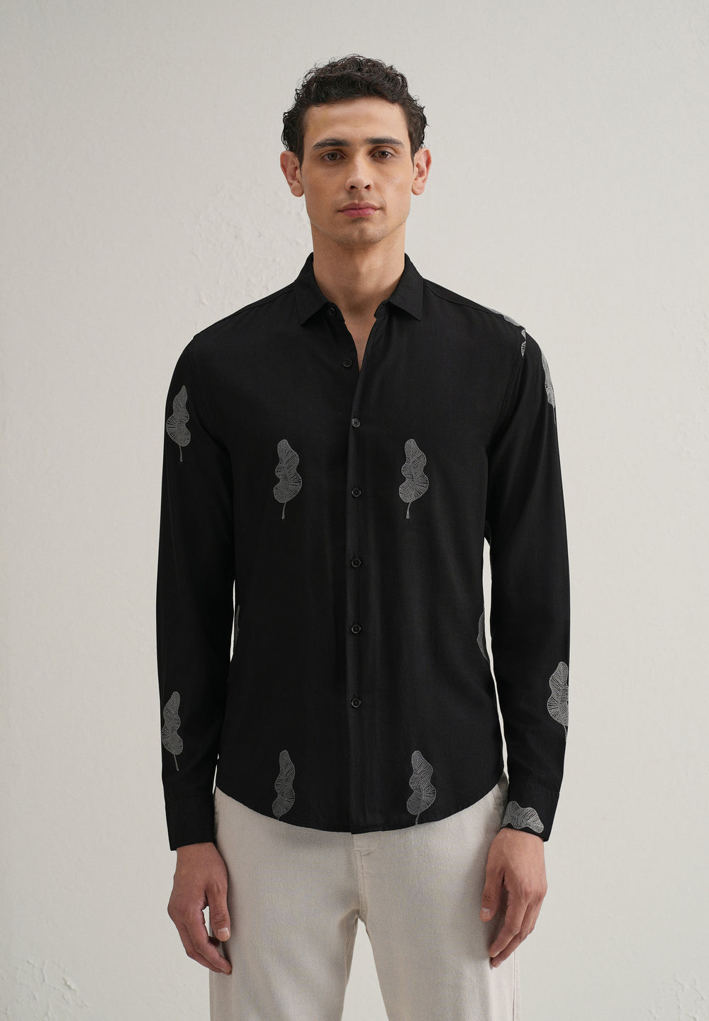 Black Grey Leaf Motif Embroidery Shirt