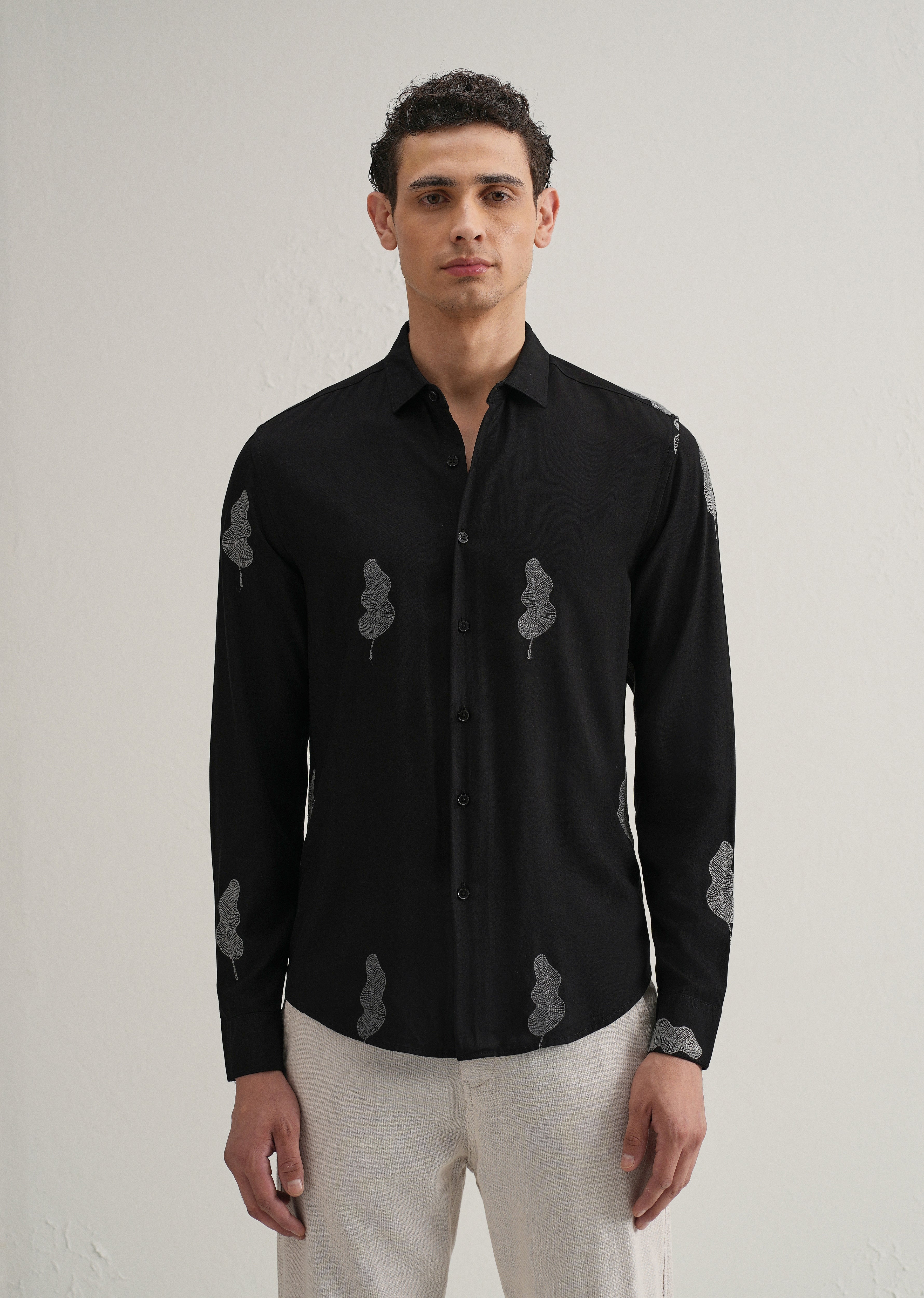 Black Grey Leaf Motif Embroidery Shirt