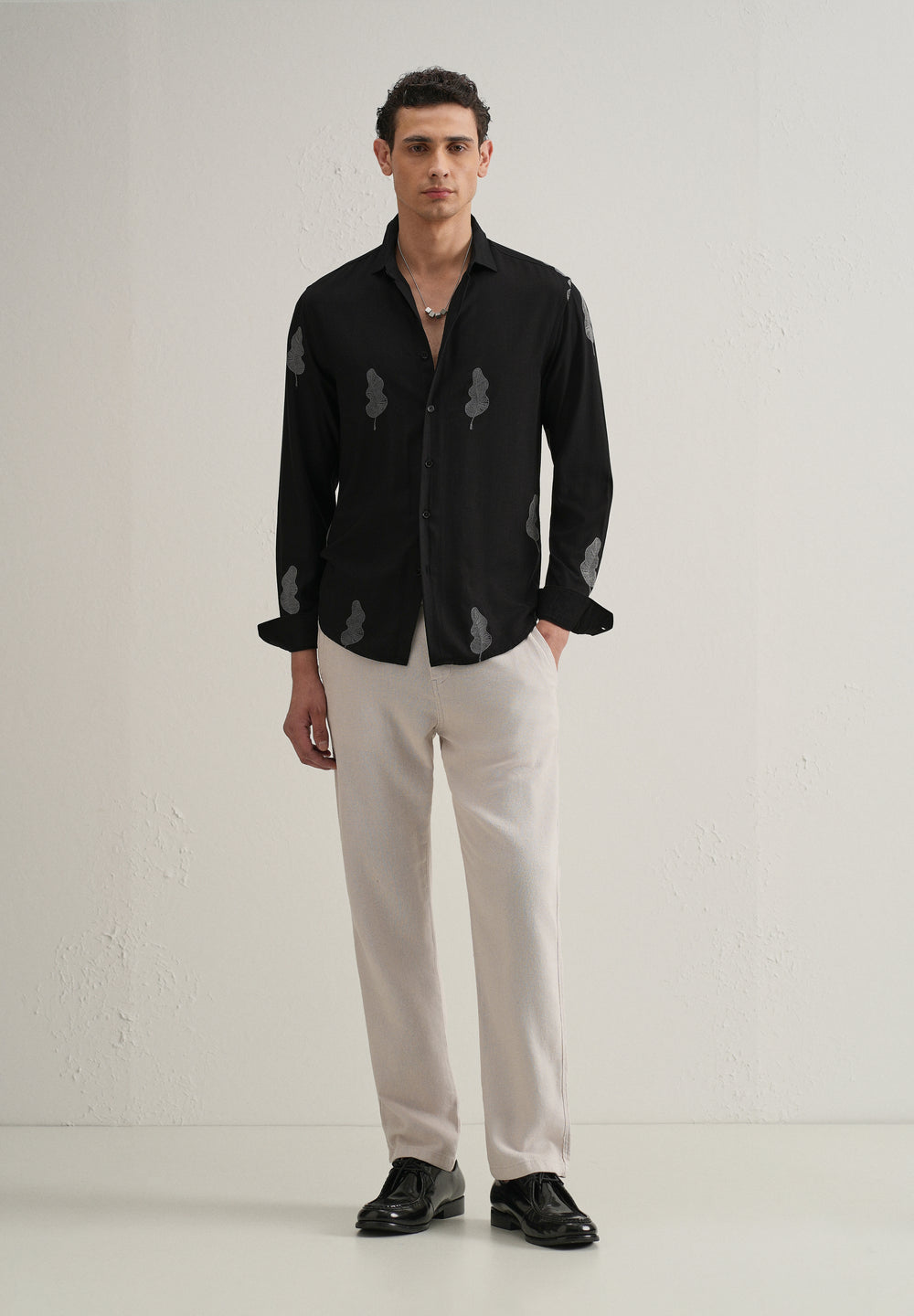 Black Grey Leaf Motif Embroidery Shirt