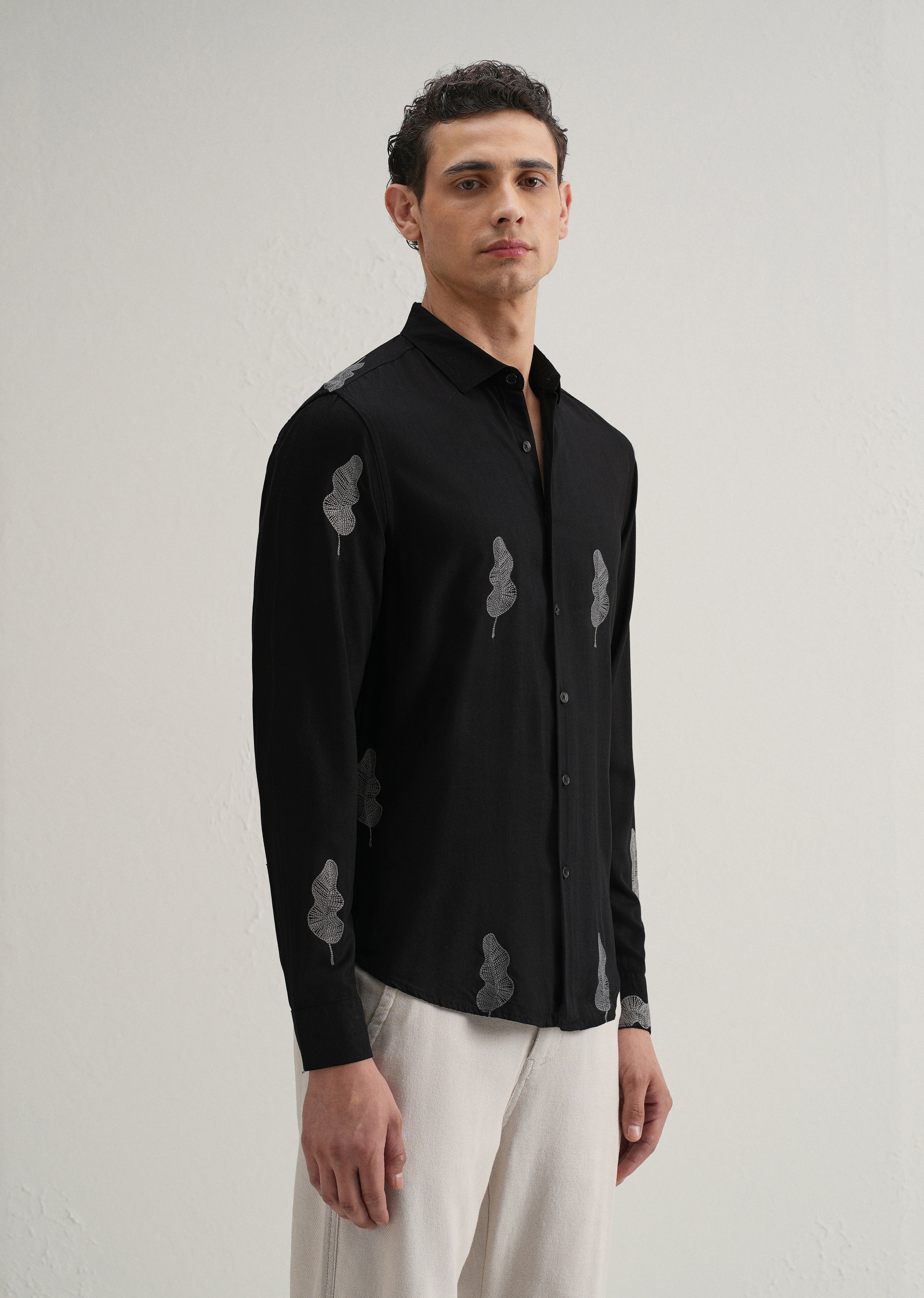 Black Grey Leaf Motif Embroidery Shirt