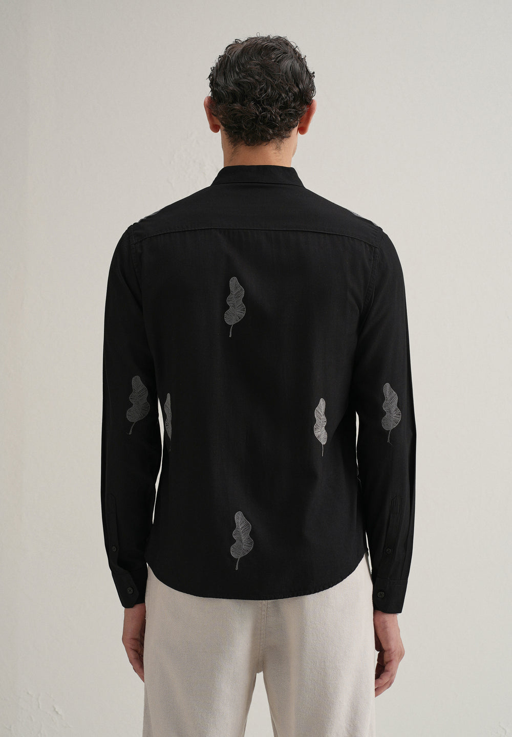 Black Grey Leaf Motif Embroidery Shirt