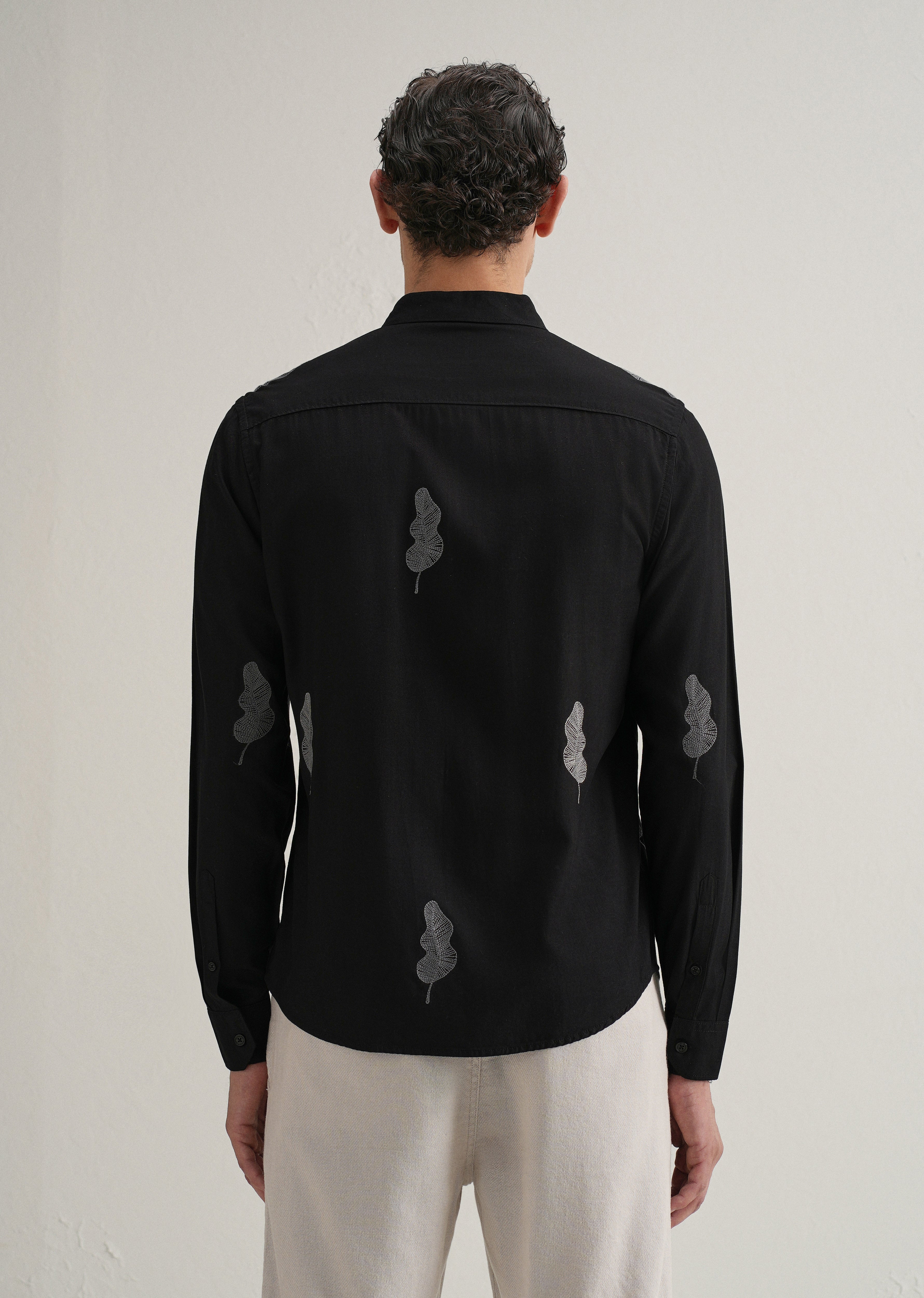 Black Grey Leaf Motif Embroidery Shirt