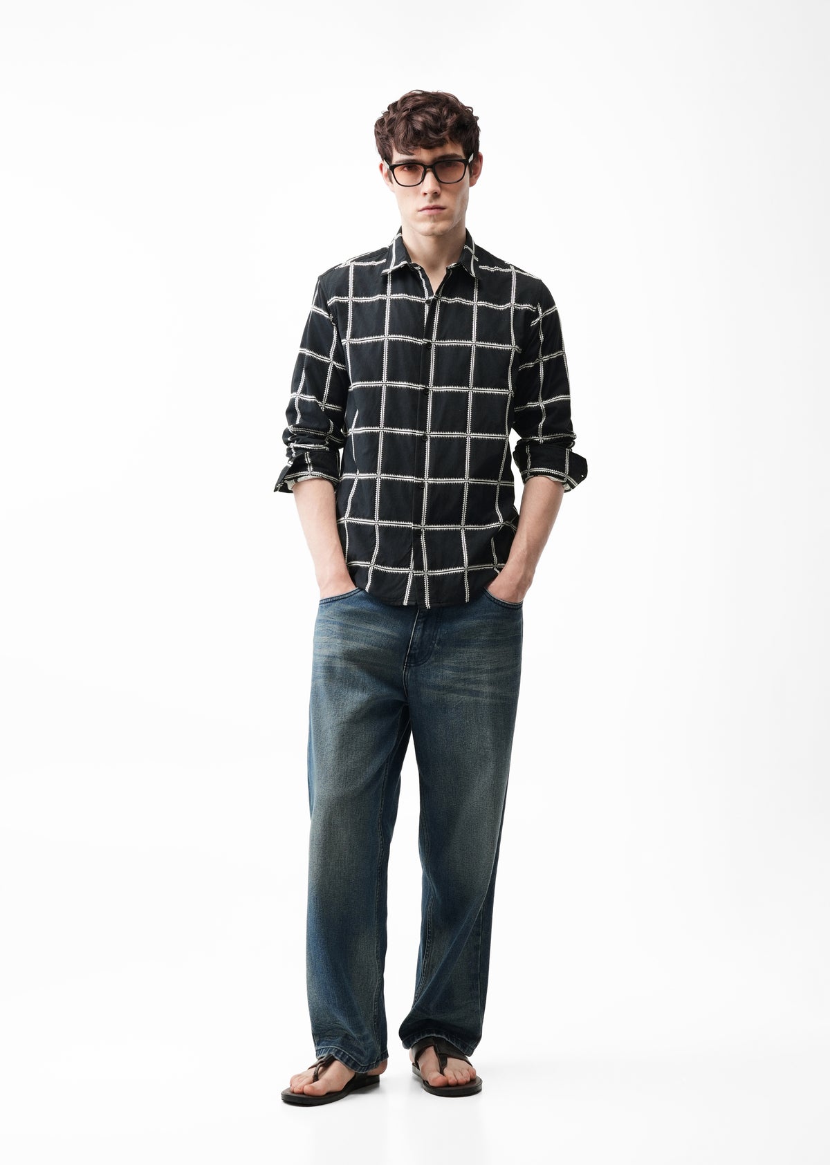 Black Grid Jacquard Check Shirt