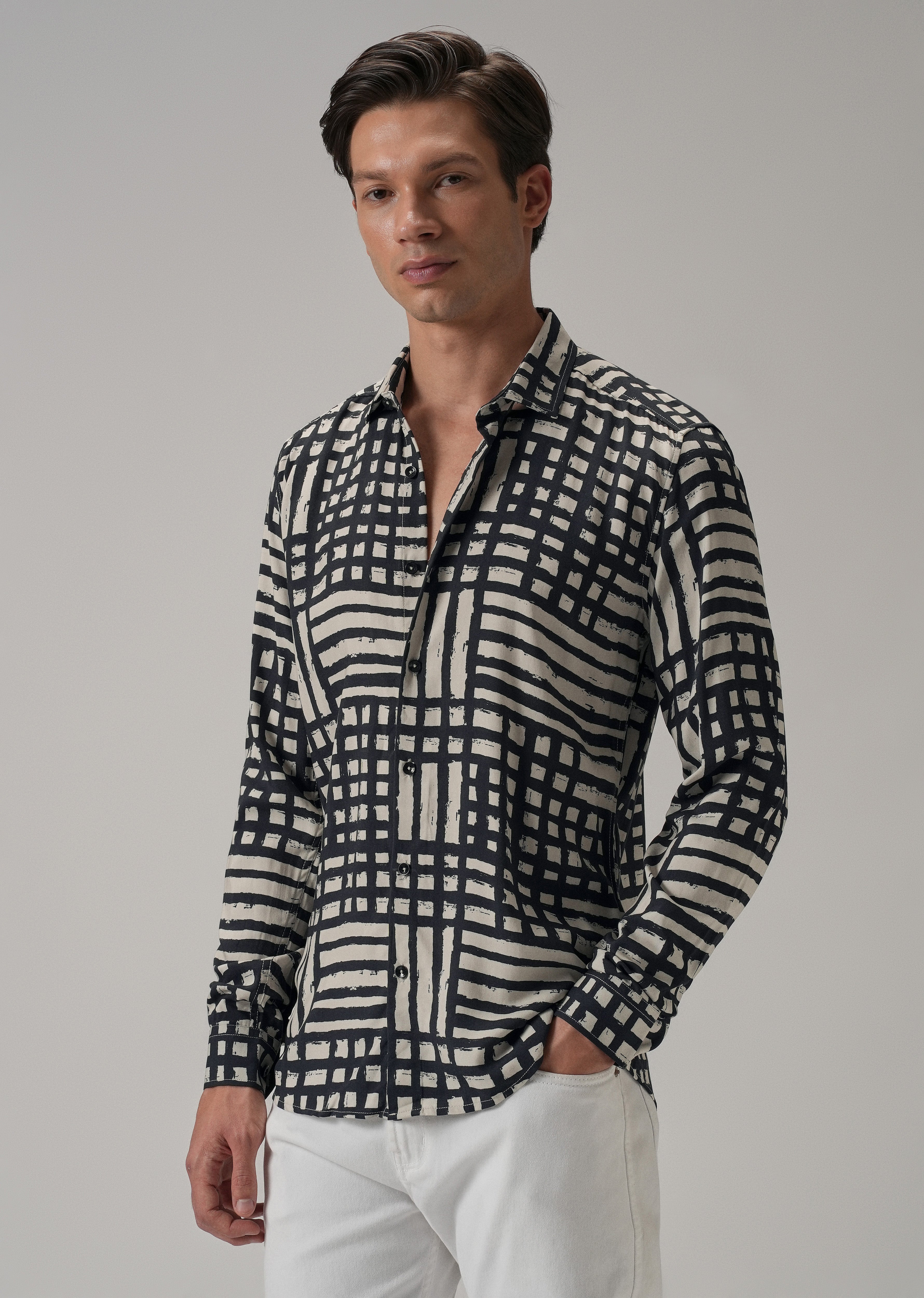 Black Grid Pattern Printed Shirt