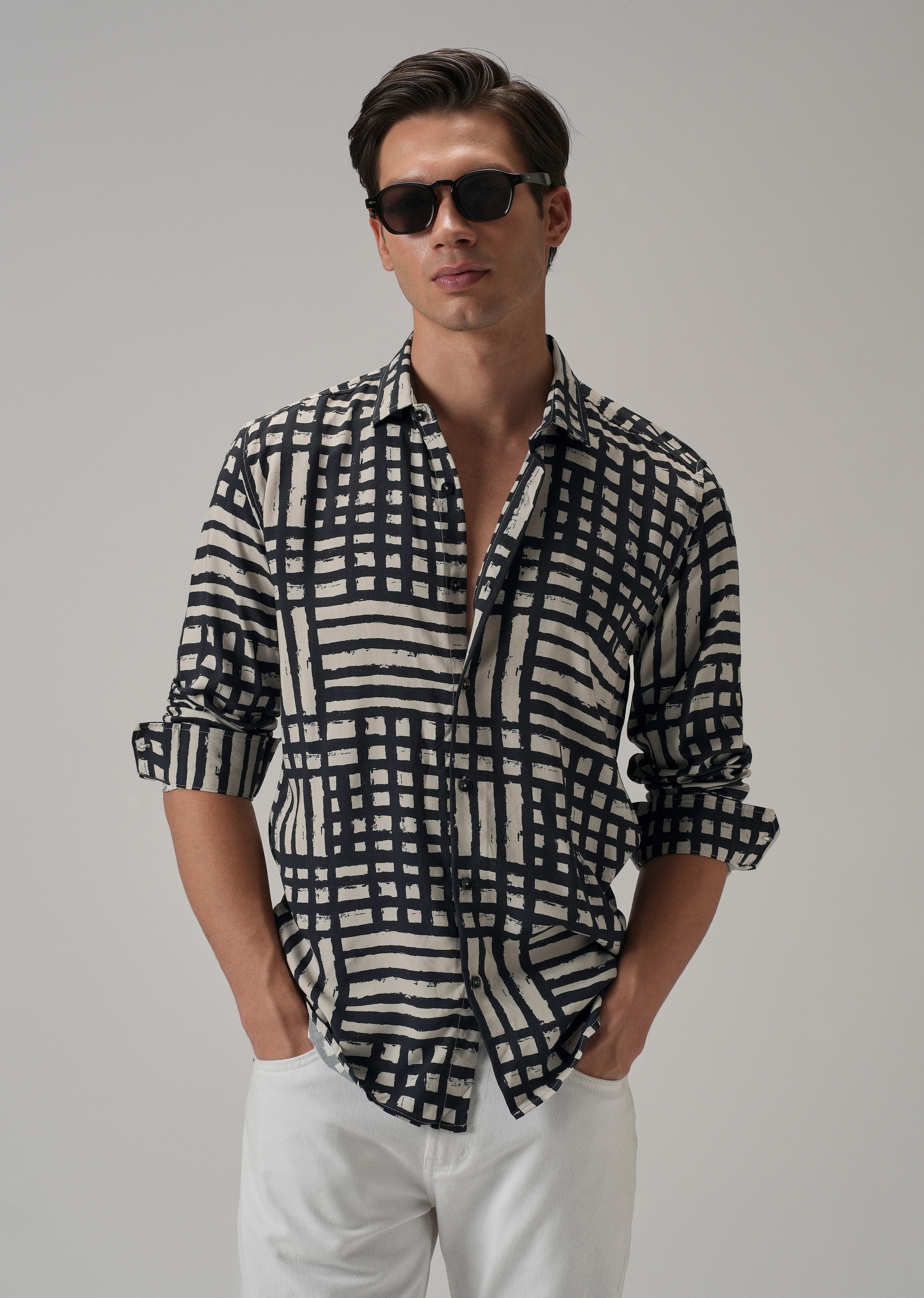 Black Grid Pattern Printed Shirt