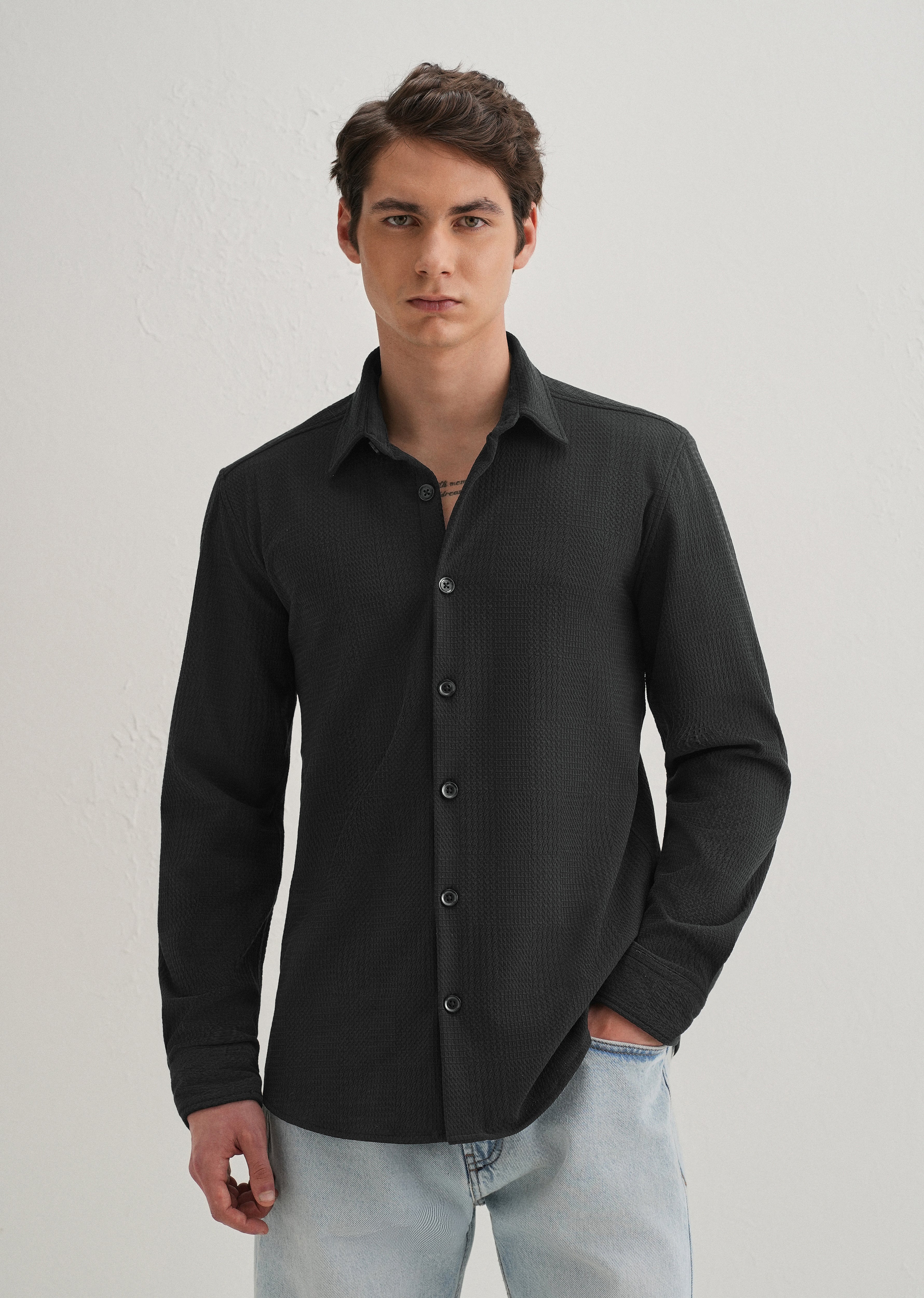 Black Grid Textured Knit Shirt