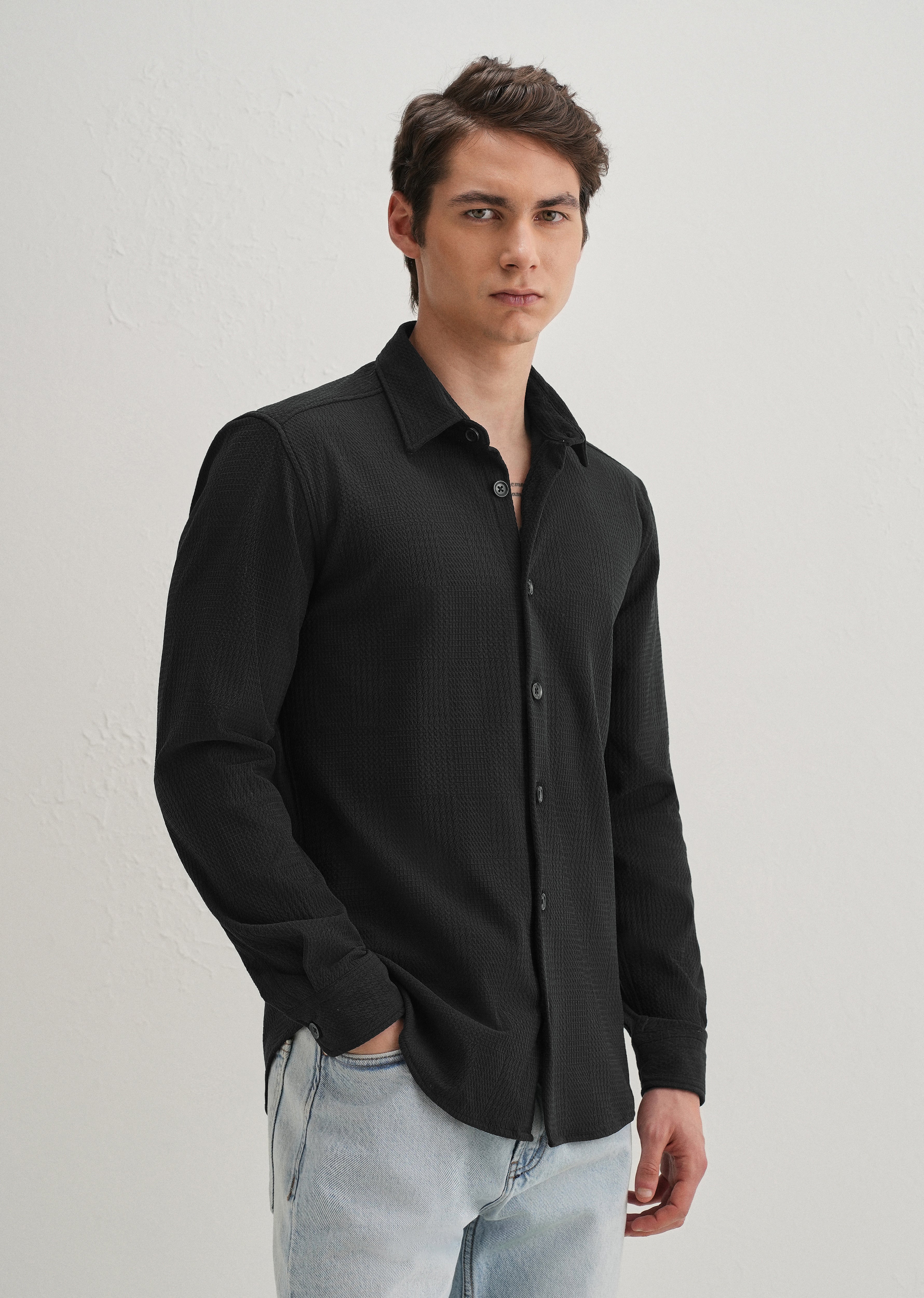 Black Grid Textured Knit Shirt