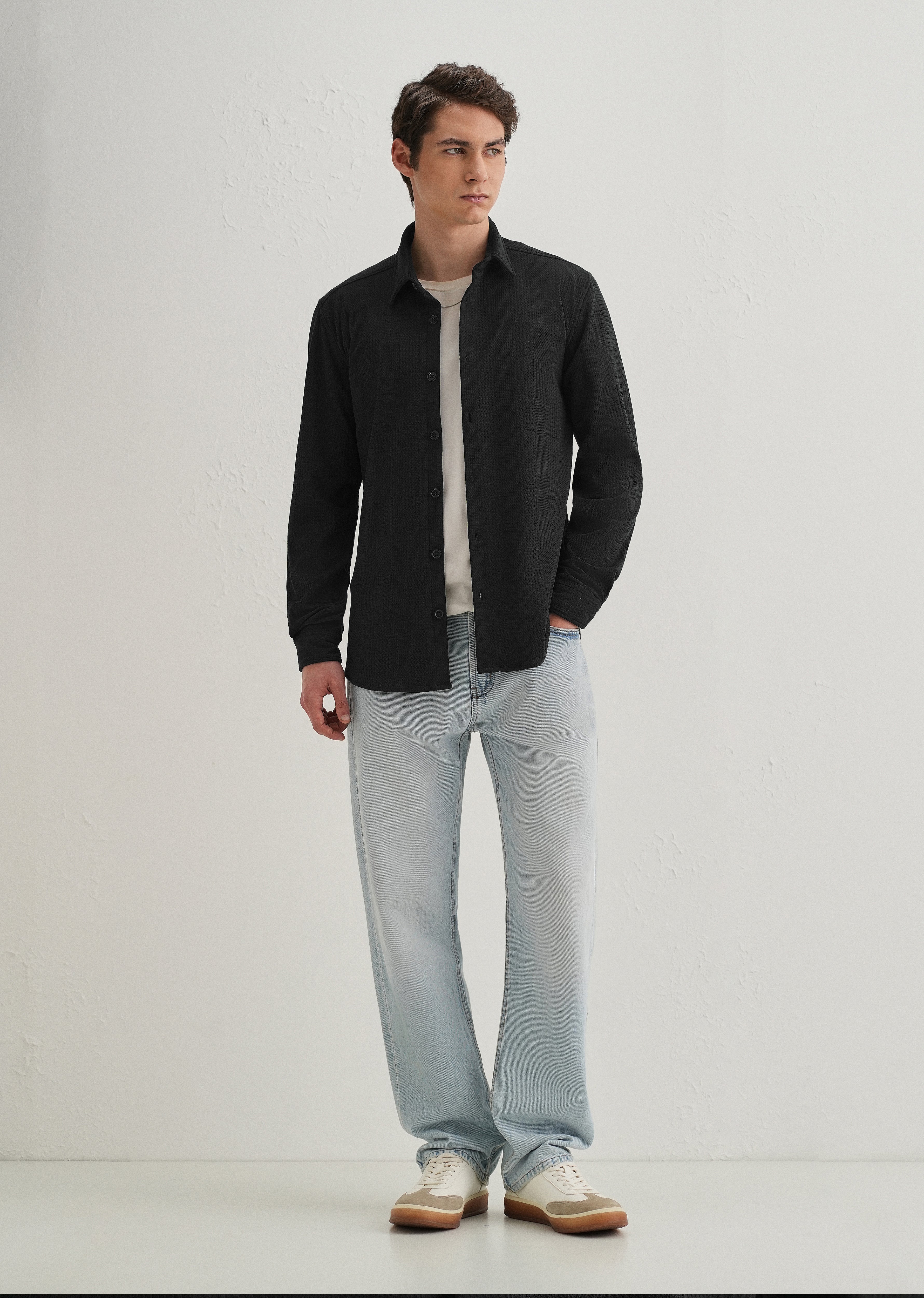 Black Grid Textured Knit Shirt