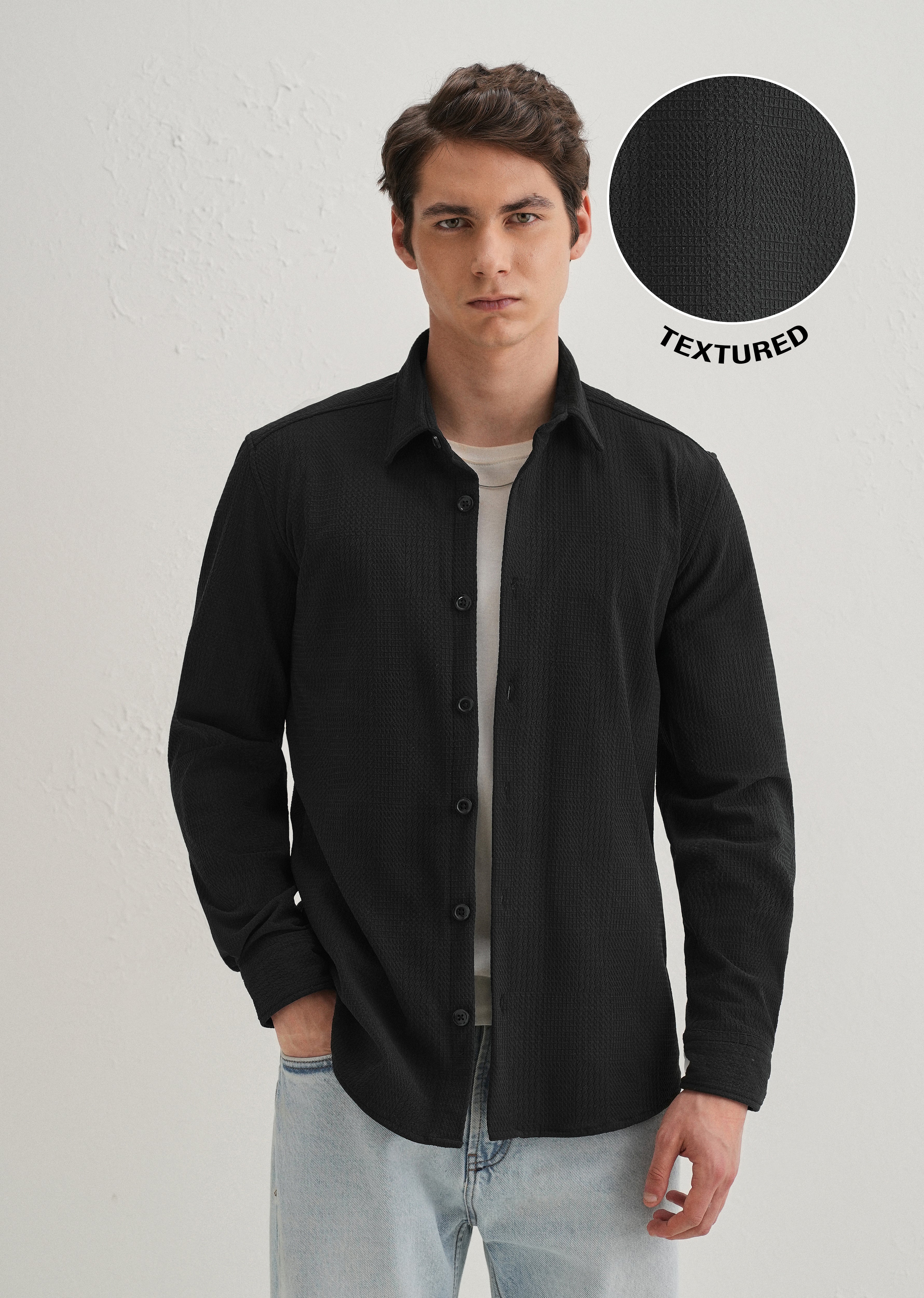Black Grid Textured Knit Shirt