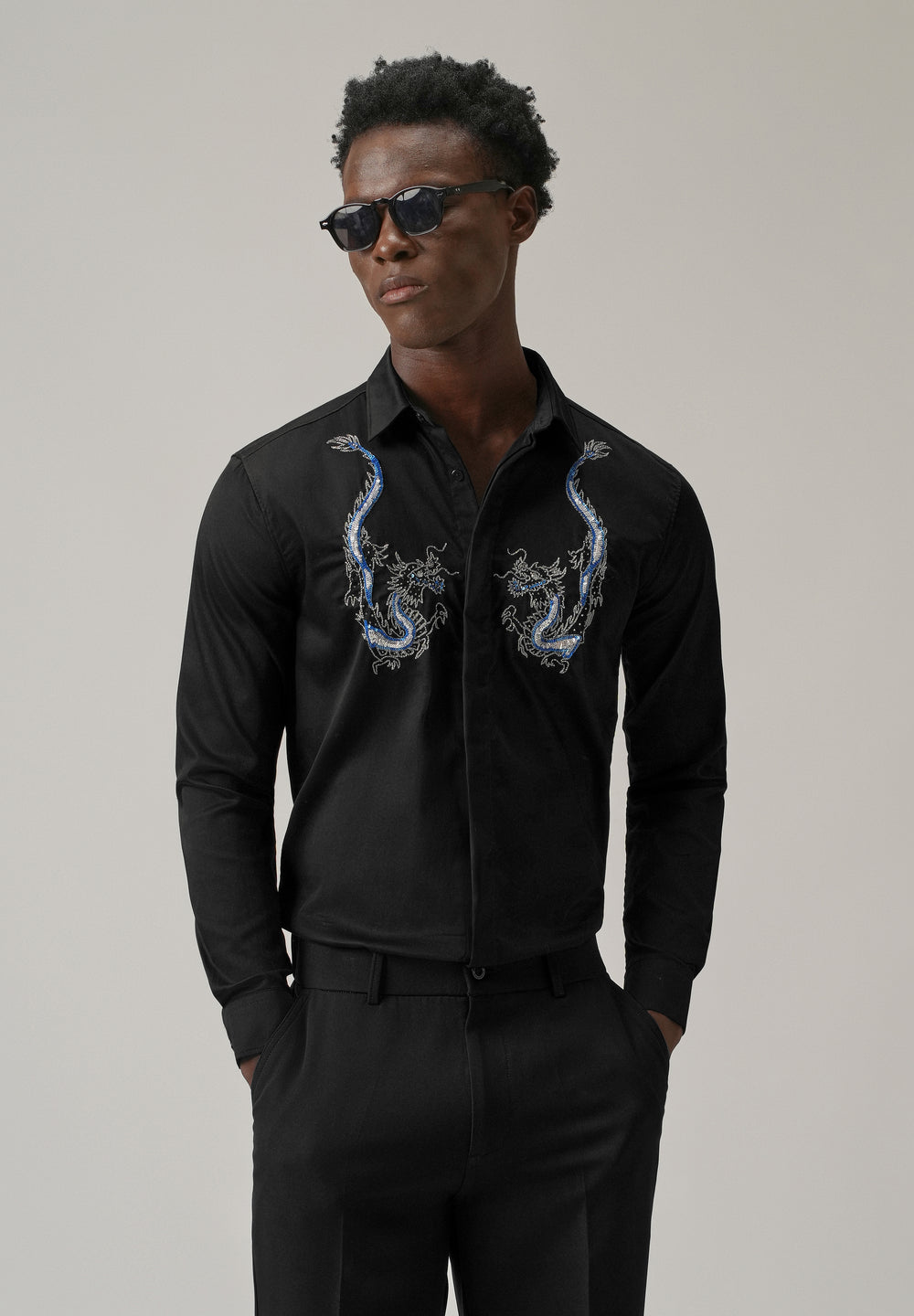 Black Handcrafted Dragon Designer Shirt