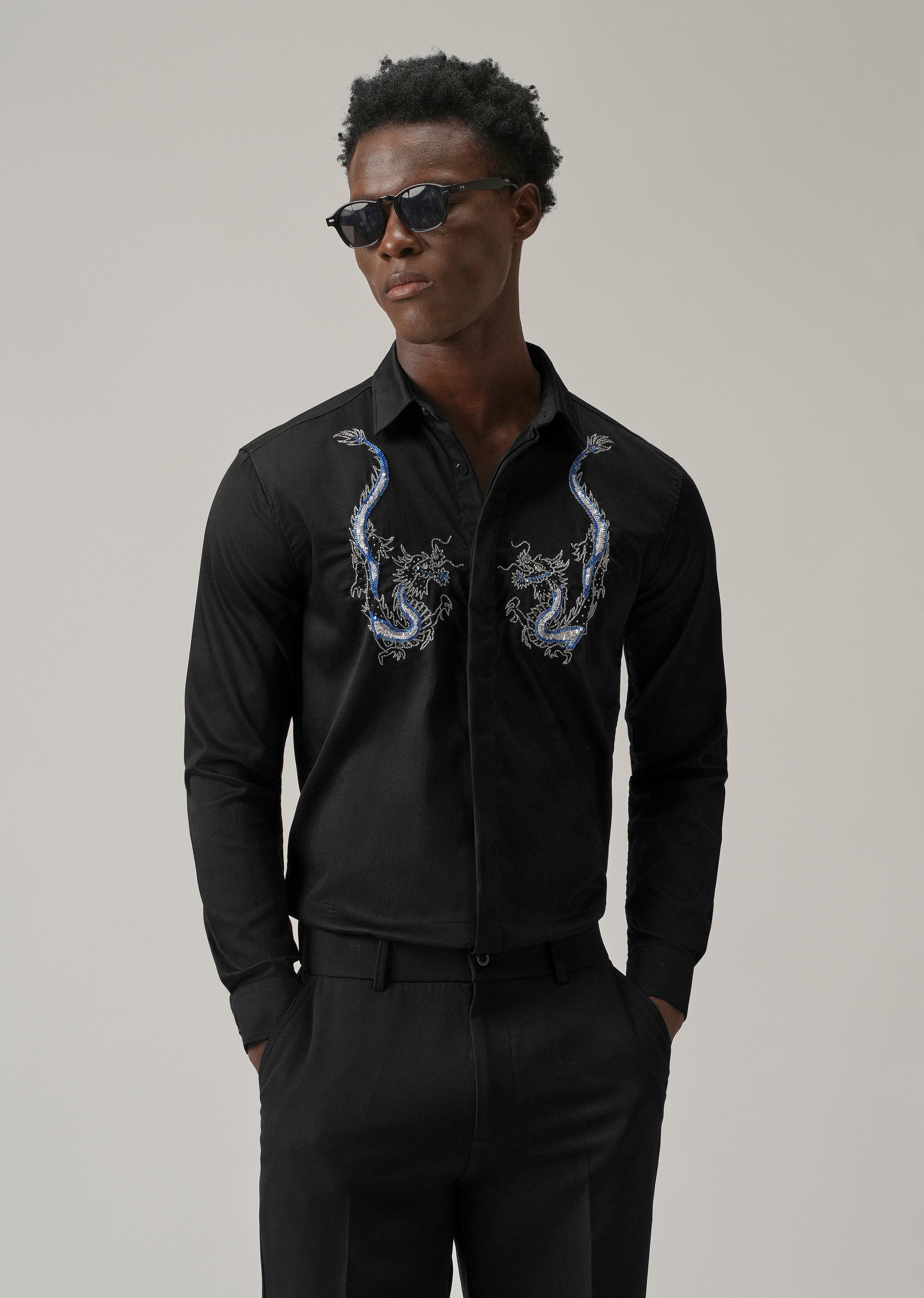 Black Handcrafted Dragon Designer Shirt