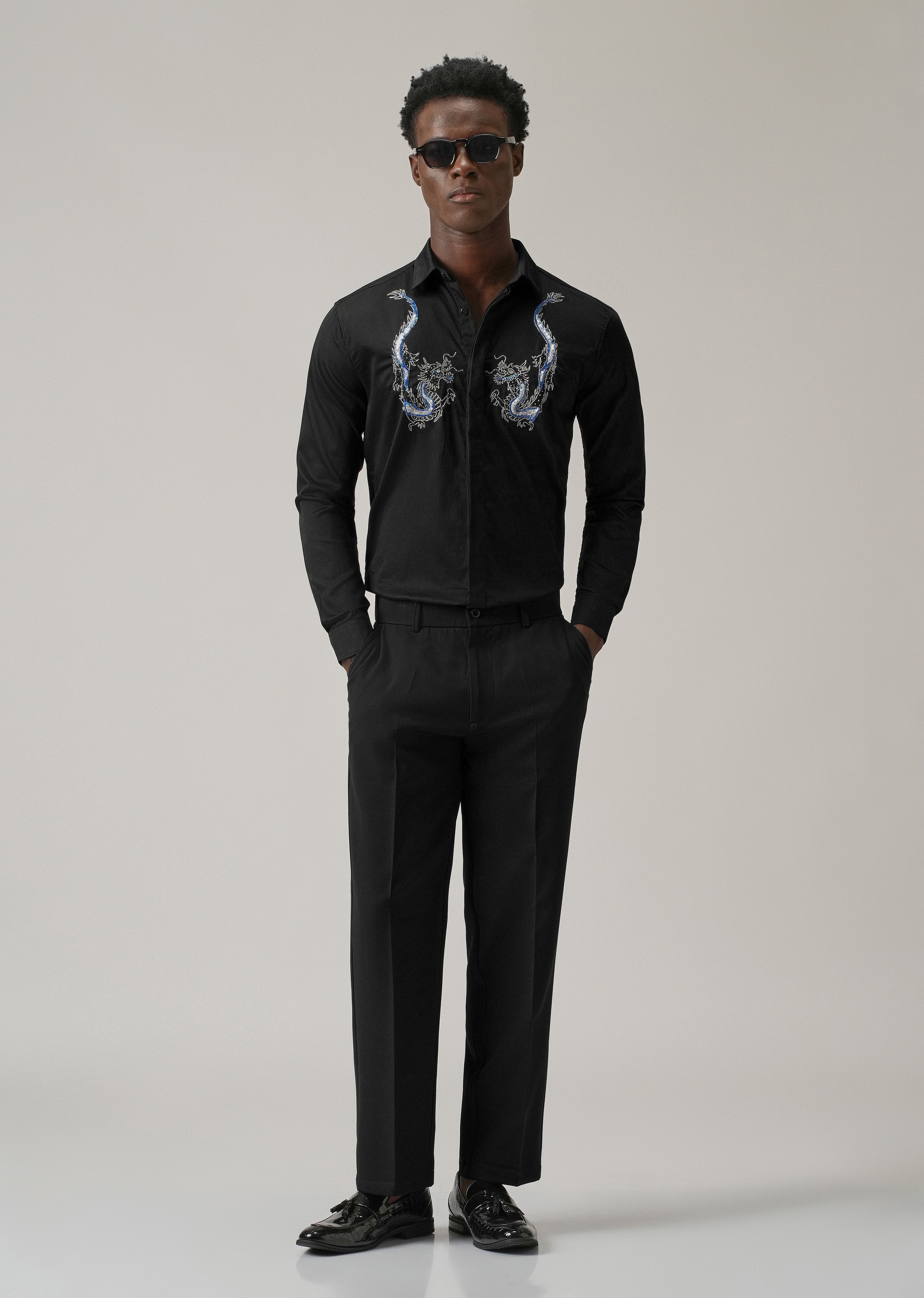 Black Handcrafted Dragon Designer Shirt