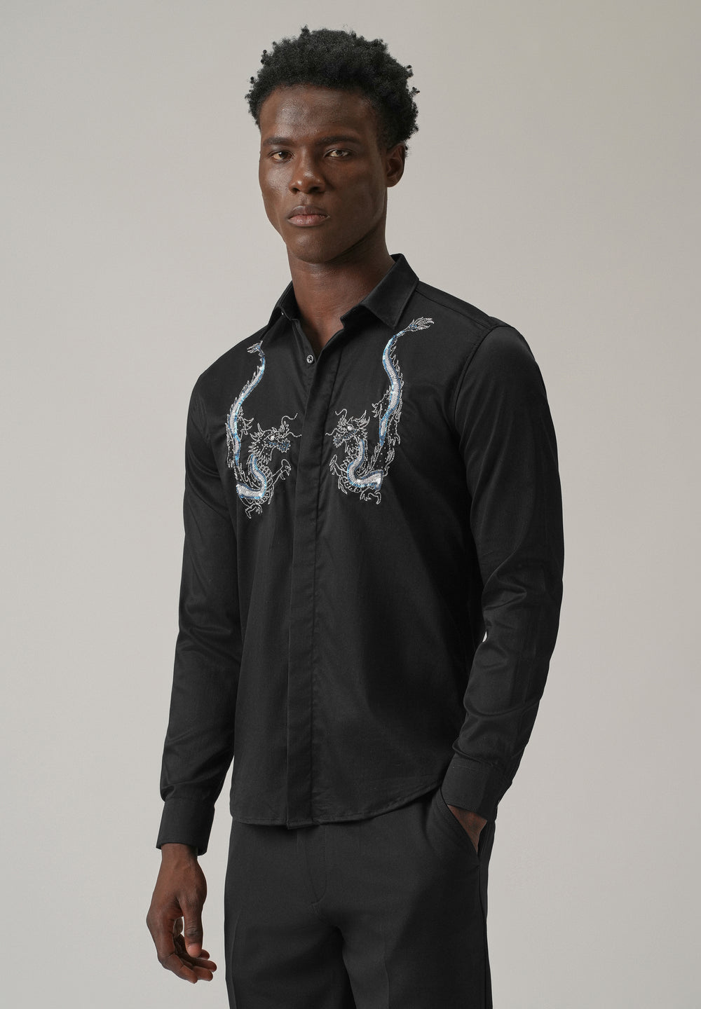 Black Handcrafted Dragon Designer Shirt