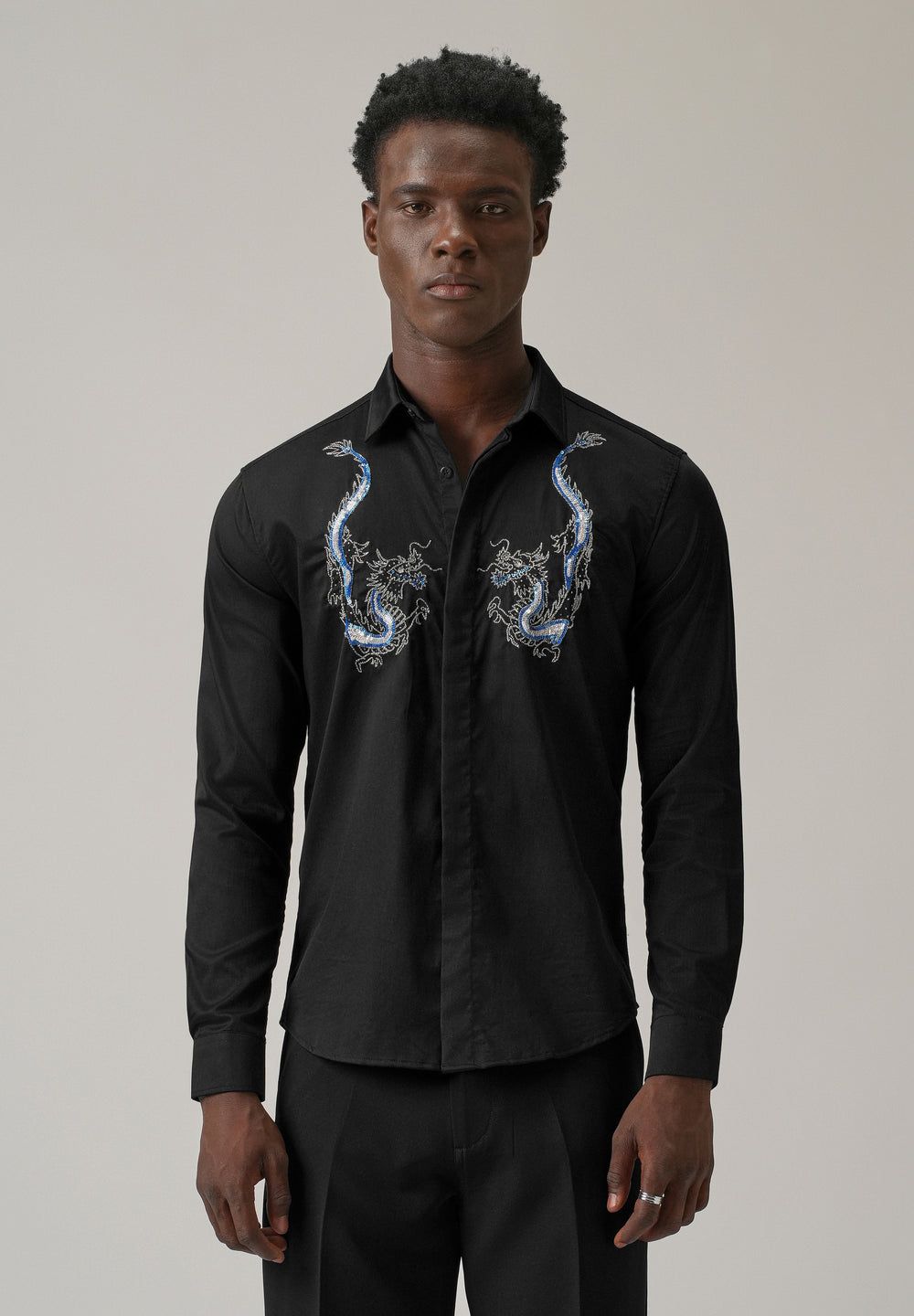 Black Handcrafted Dragon Designer Shirt
