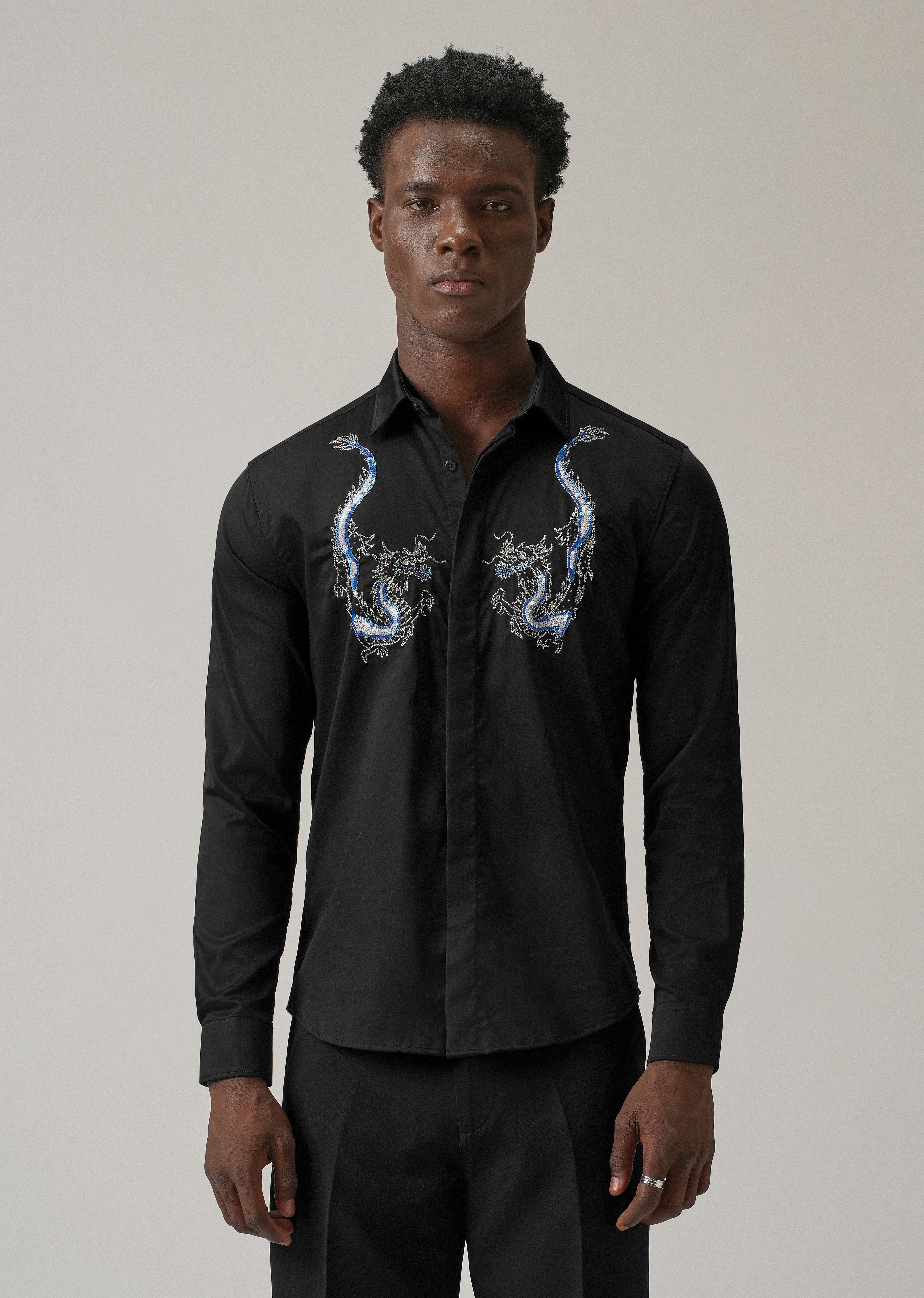 Black Handcrafted Dragon Designer Shirt