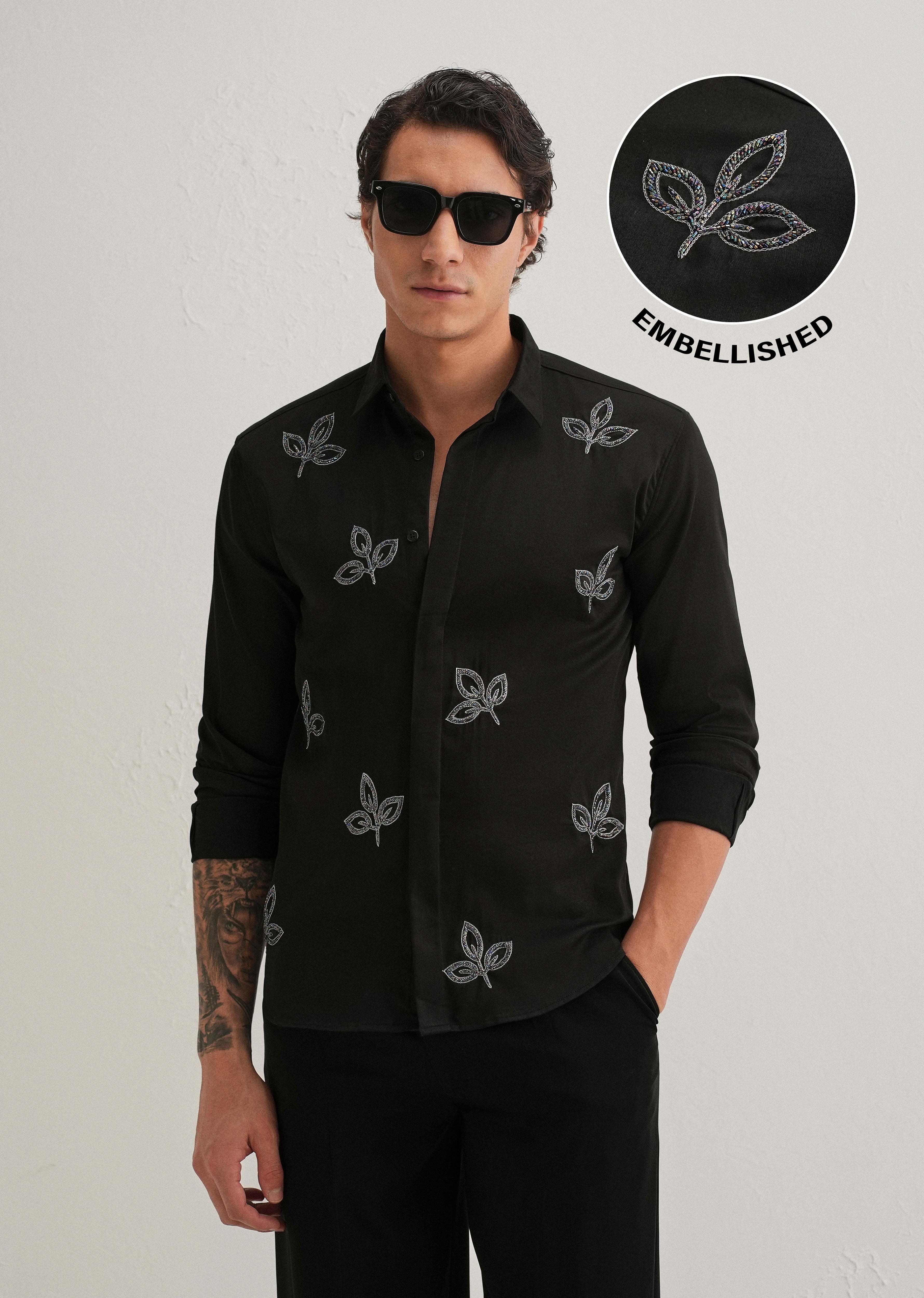 Black Handcrafted Leaf Designer Shirt