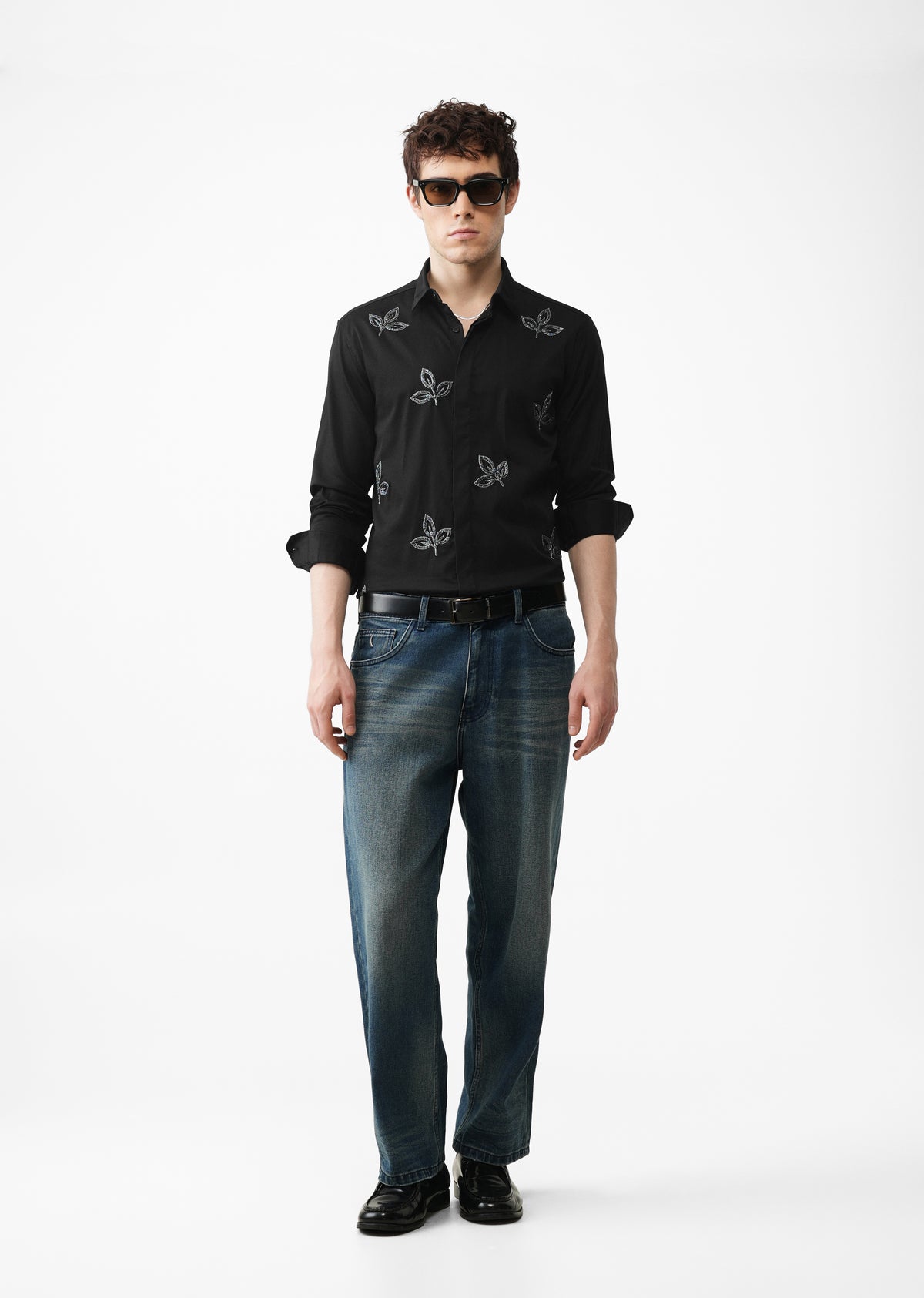 Black Handcrafted Leaf Designer Shirt