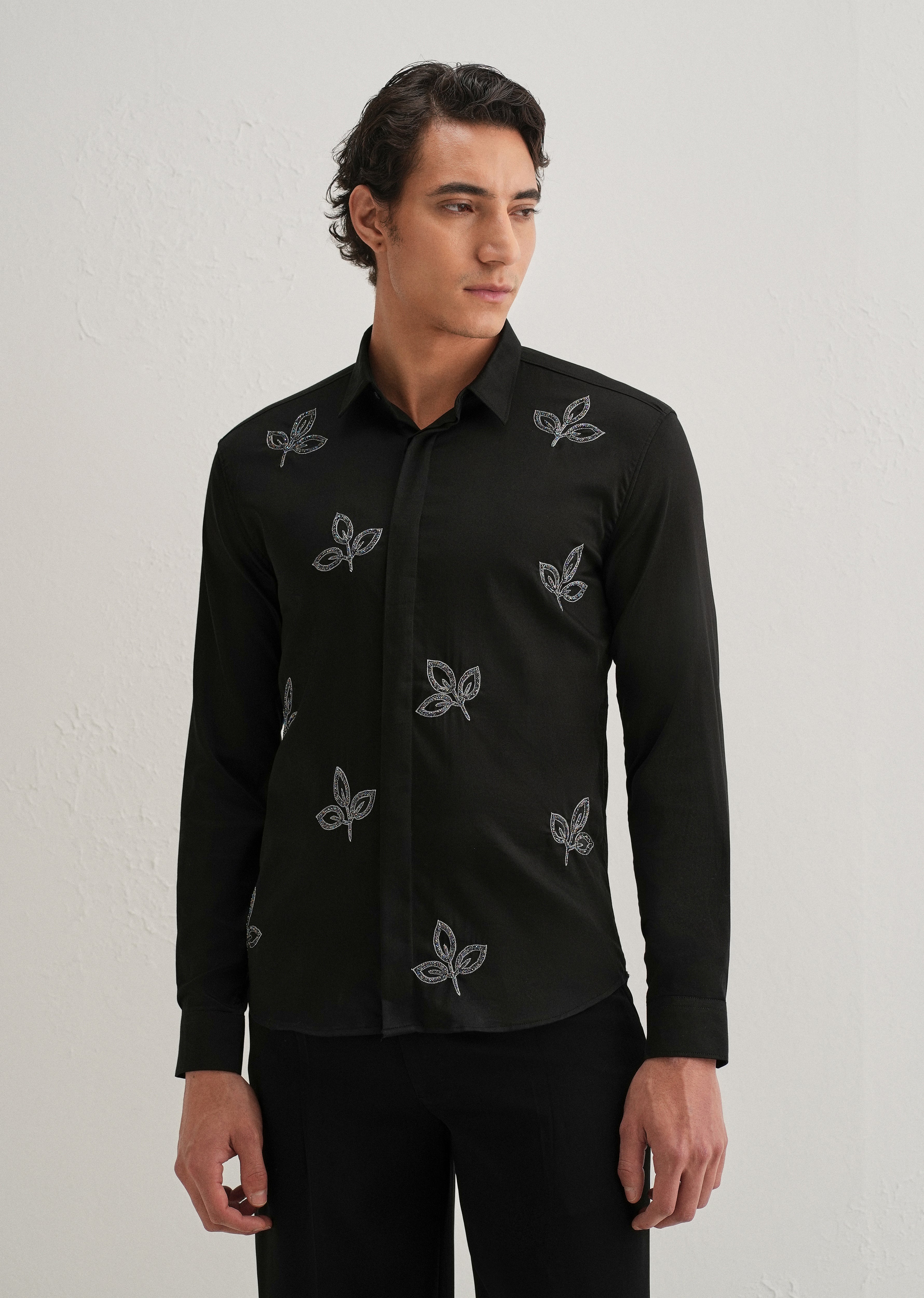 Black Handcrafted Leaf Designer Shirt