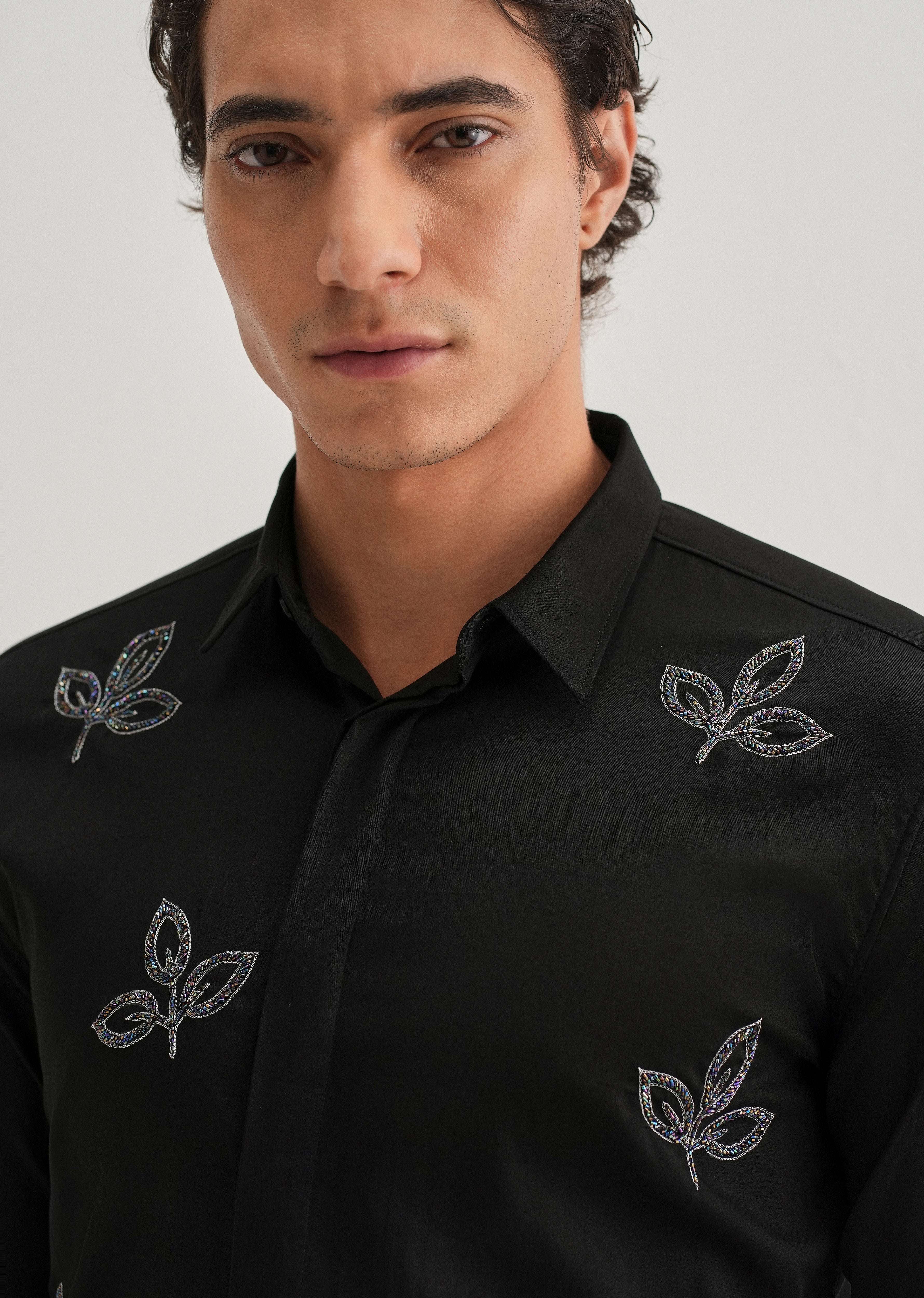 Black Handcrafted Leaf Designer Shirt