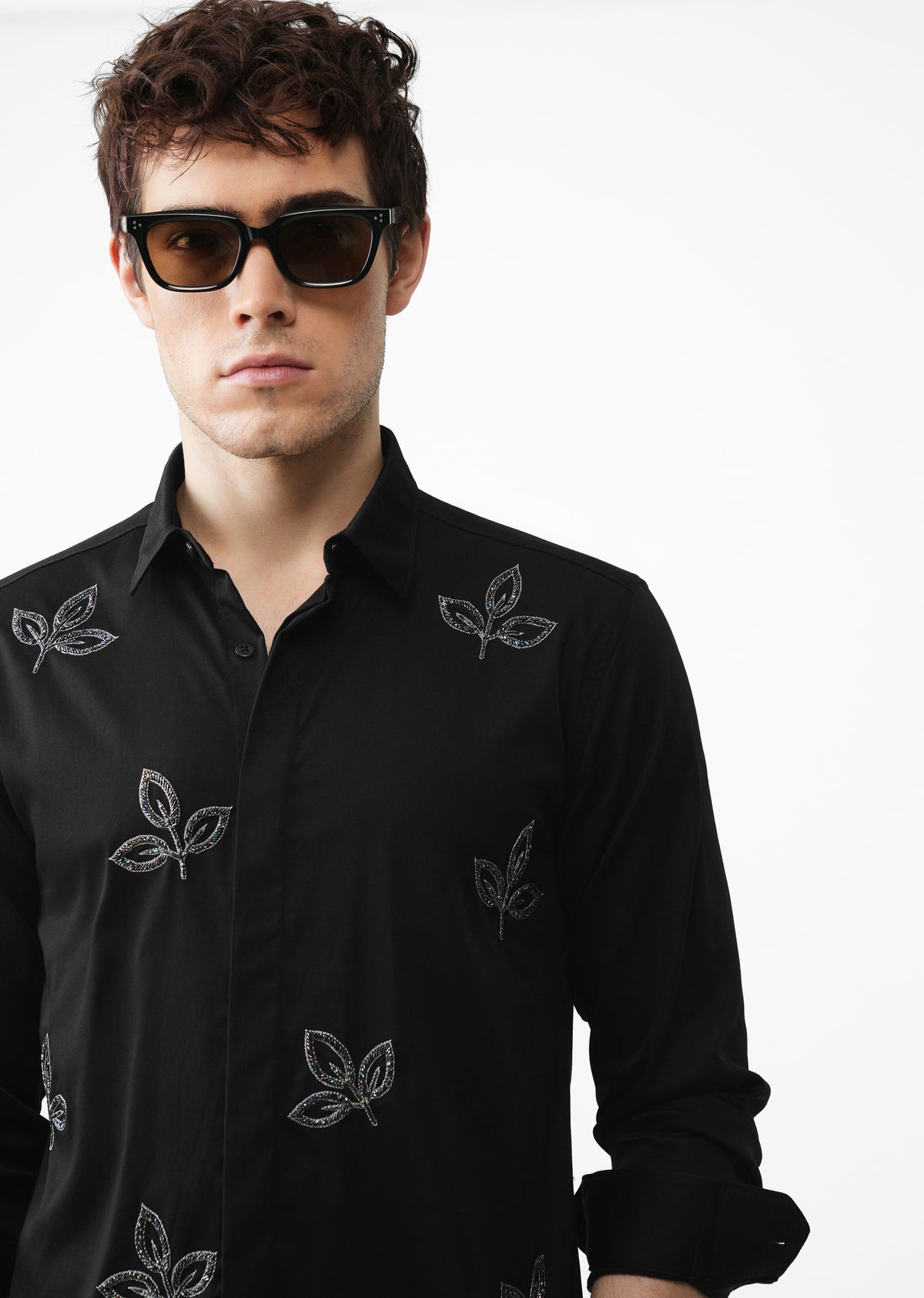 Black Handcrafted Leaf Designer Shirt