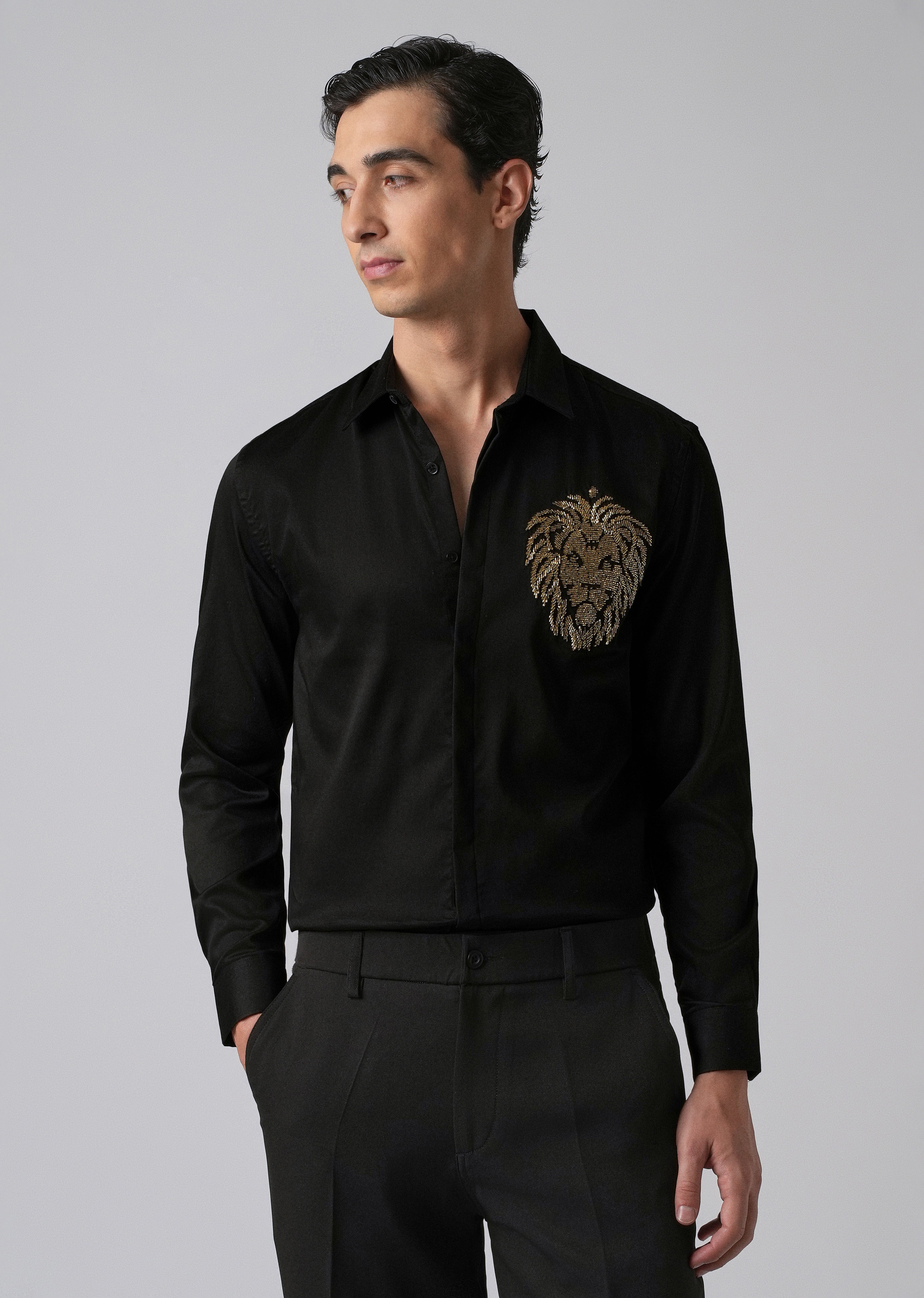 Black Handcrafted Lion Embroidery Designer Shirt