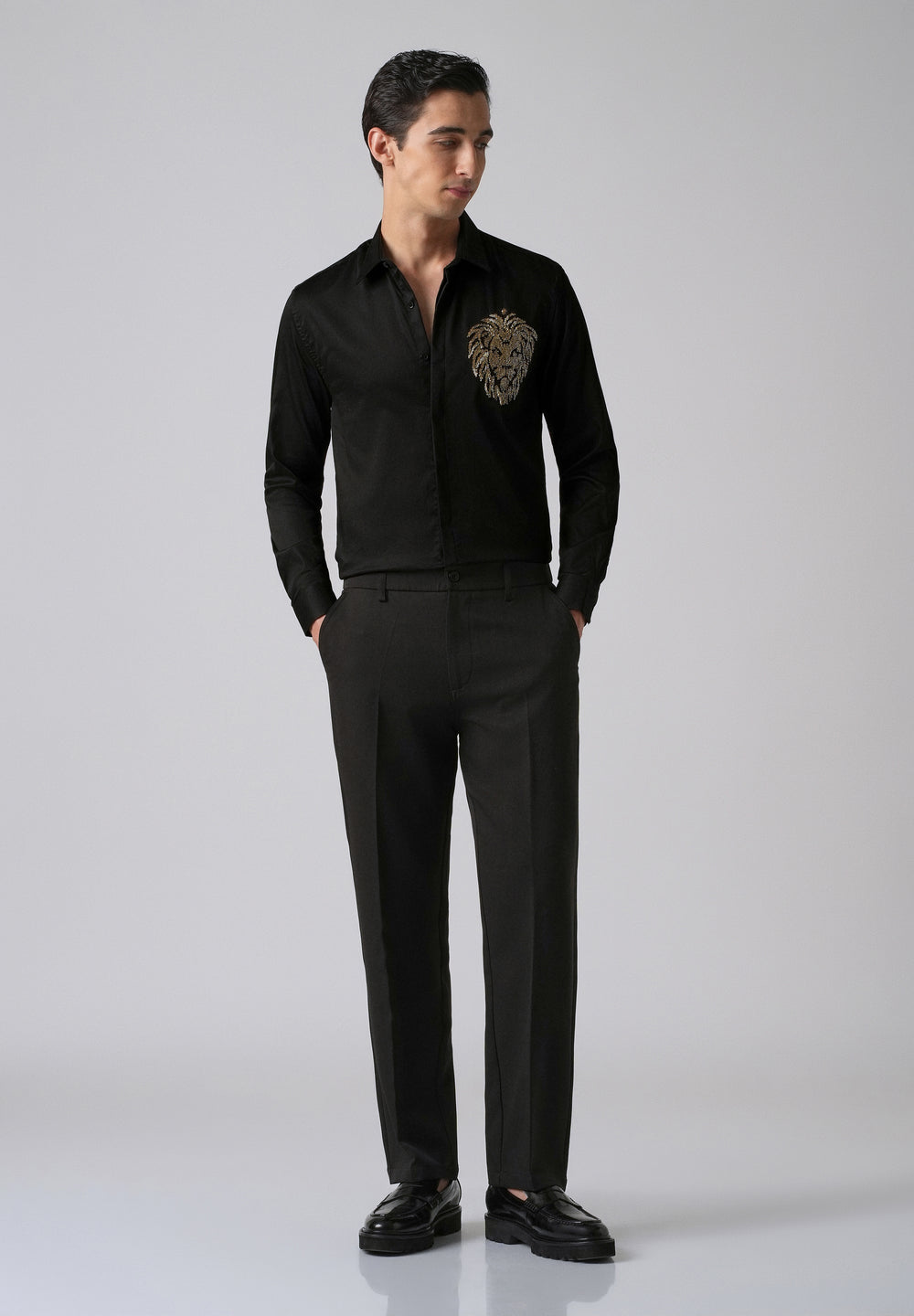 Black Handcrafted Lion Embroidery Designer Shirt