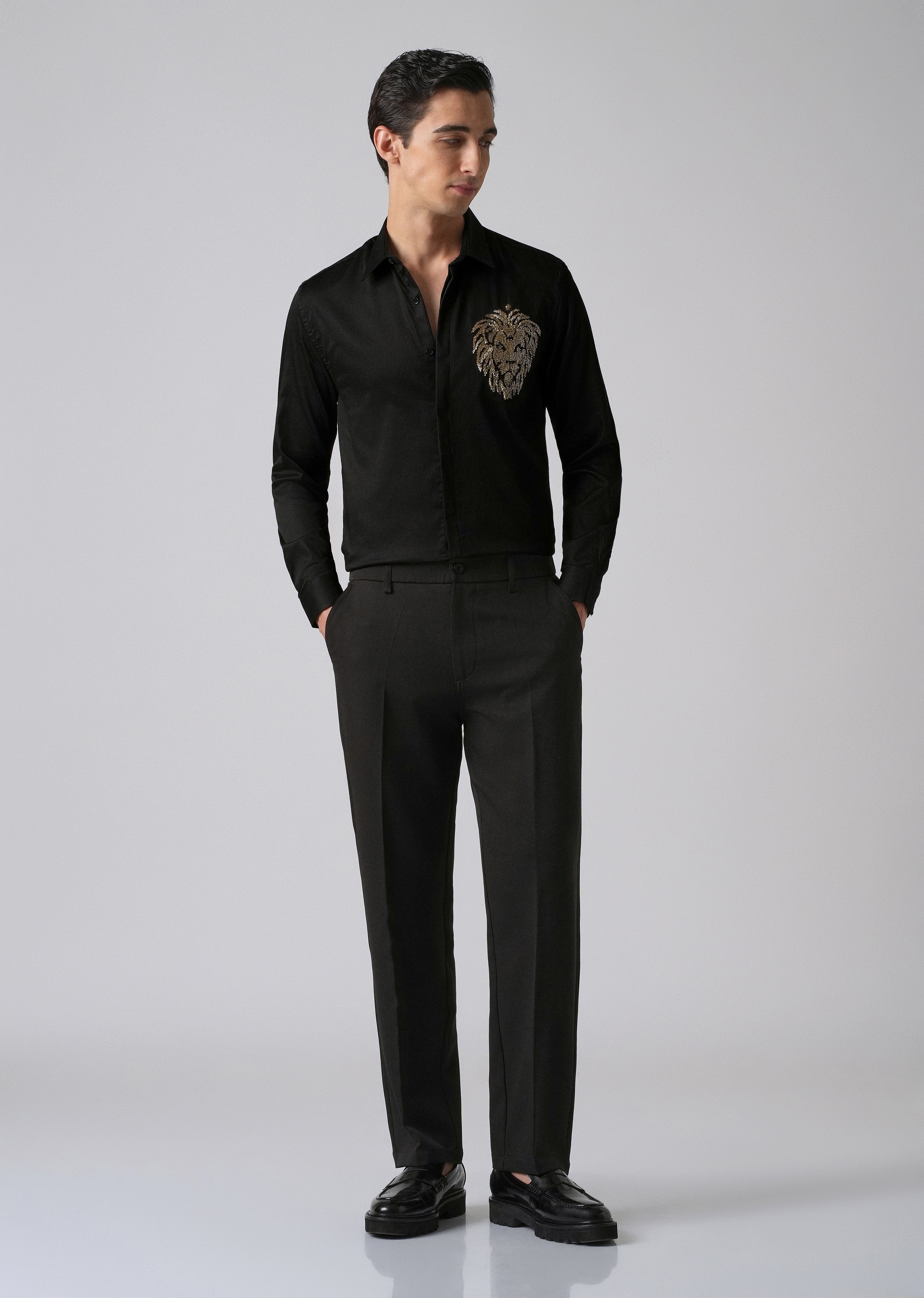 Black Handcrafted Lion Embroidery Designer Shirt