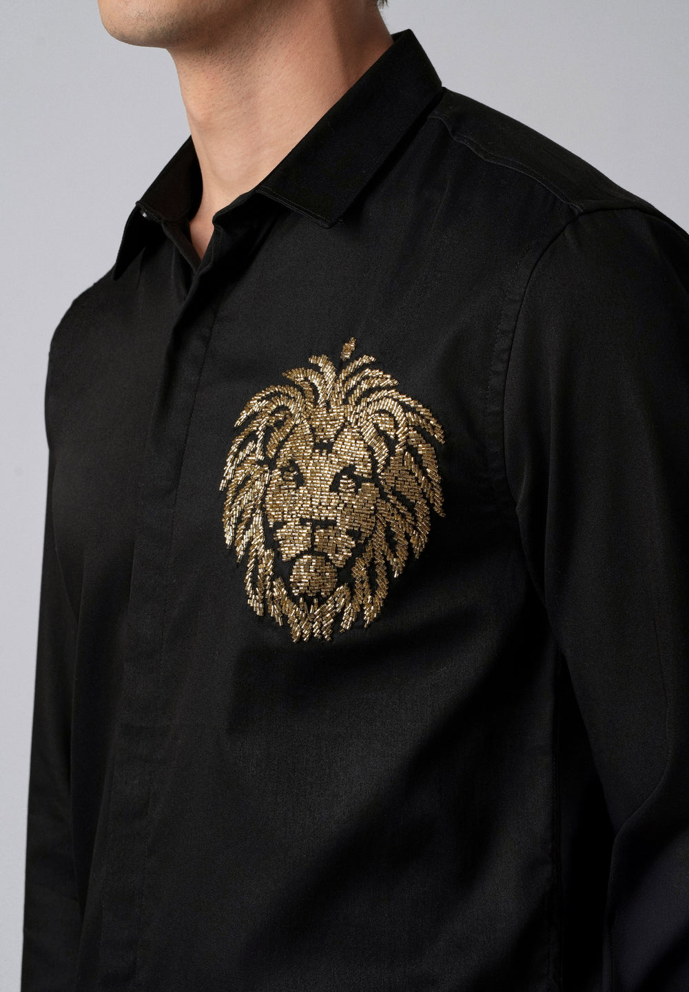 Black Handcrafted Lion Embroidery Designer Shirt