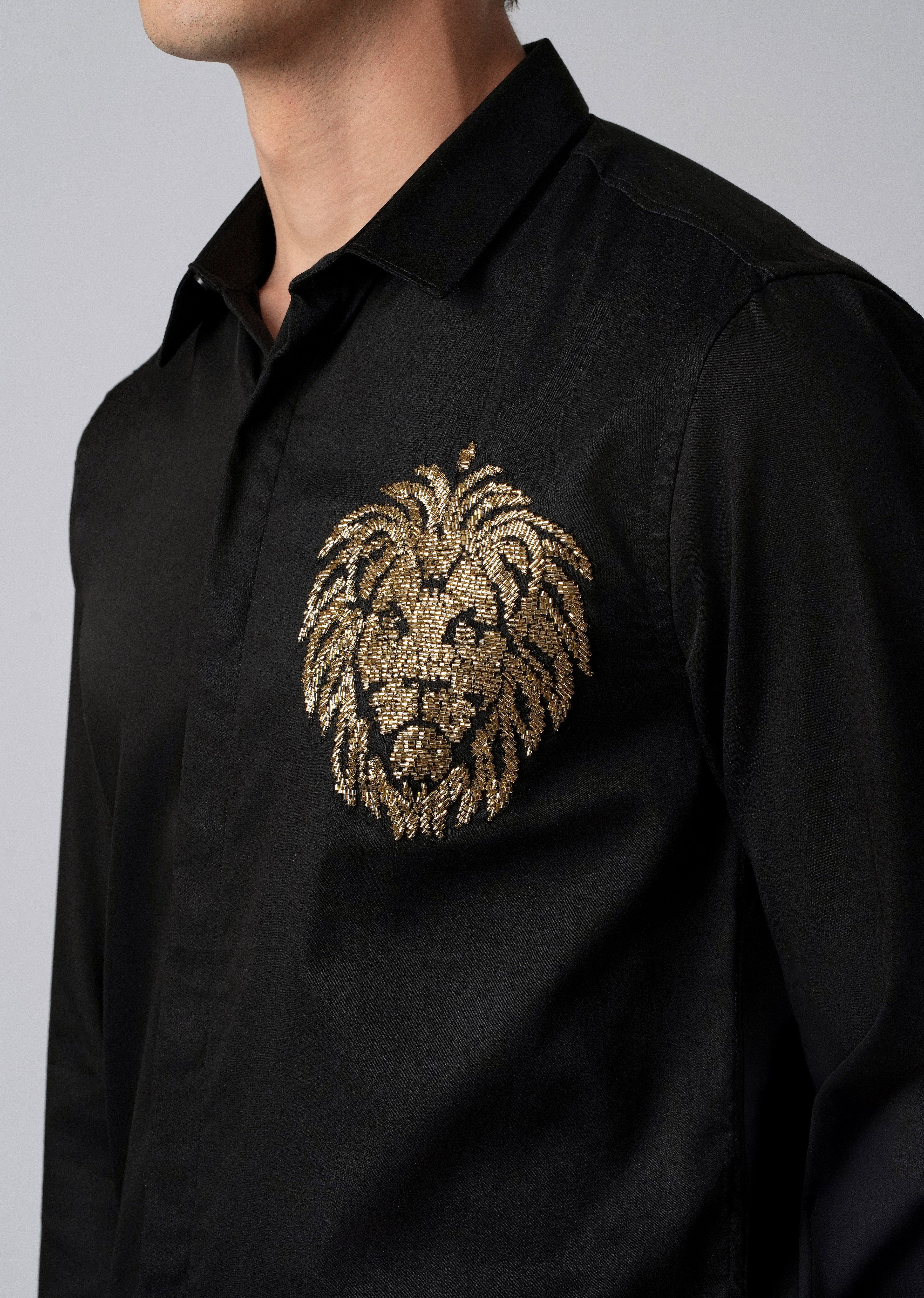 Black Handcrafted Lion Embroidery Designer Shirt