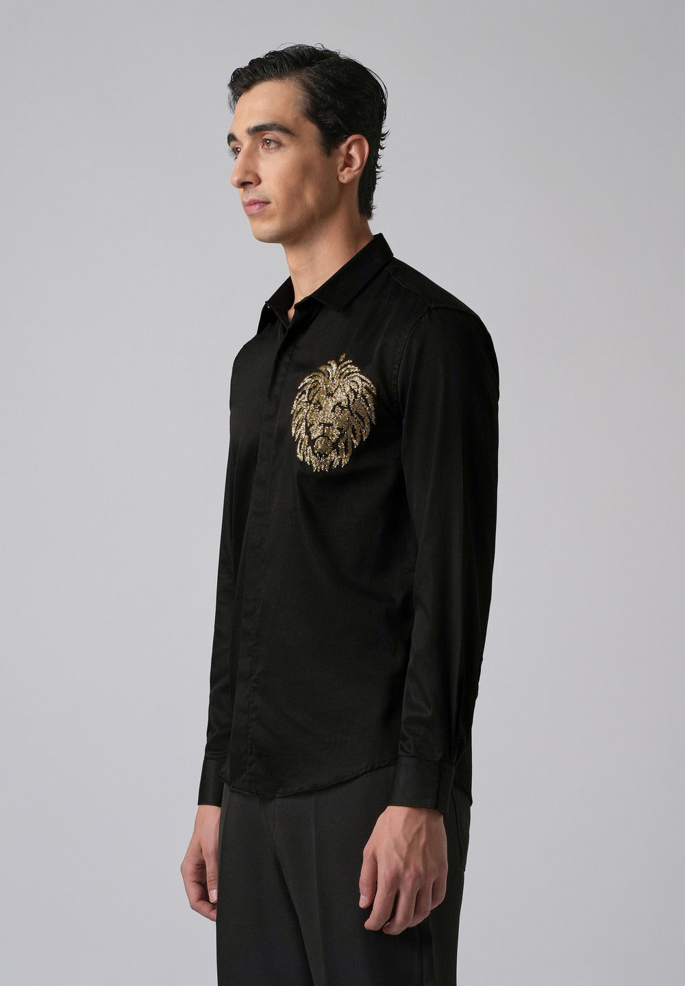 Black Handcrafted Lion Embroidery Designer Shirt