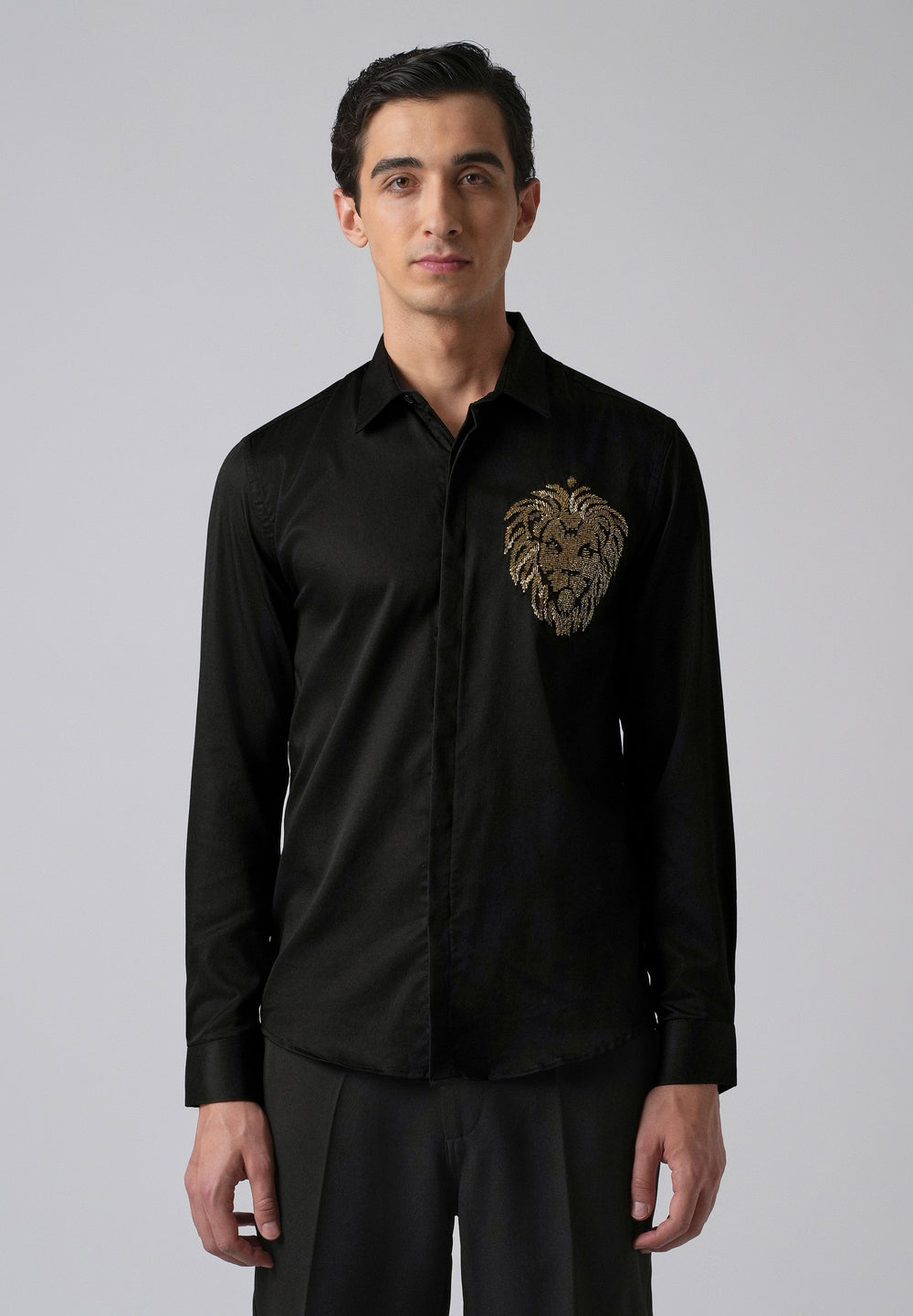 Black Handcrafted Lion Embroidery Designer Shirt