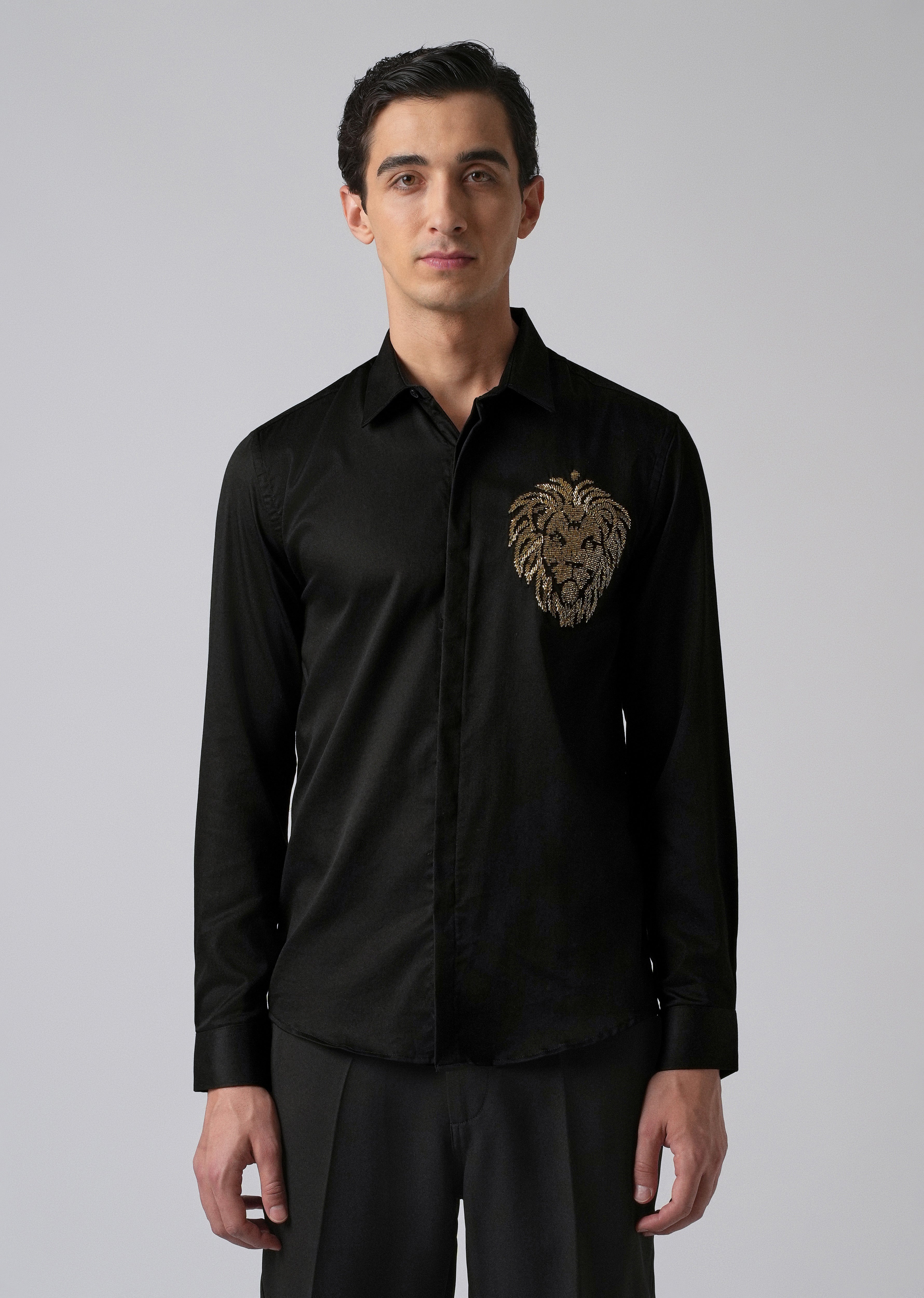 Black Handcrafted Lion Embroidery Designer Shirt