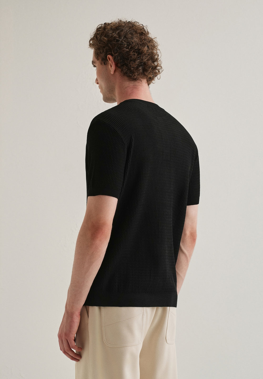 Black Henley Neck Knitted T-shirt