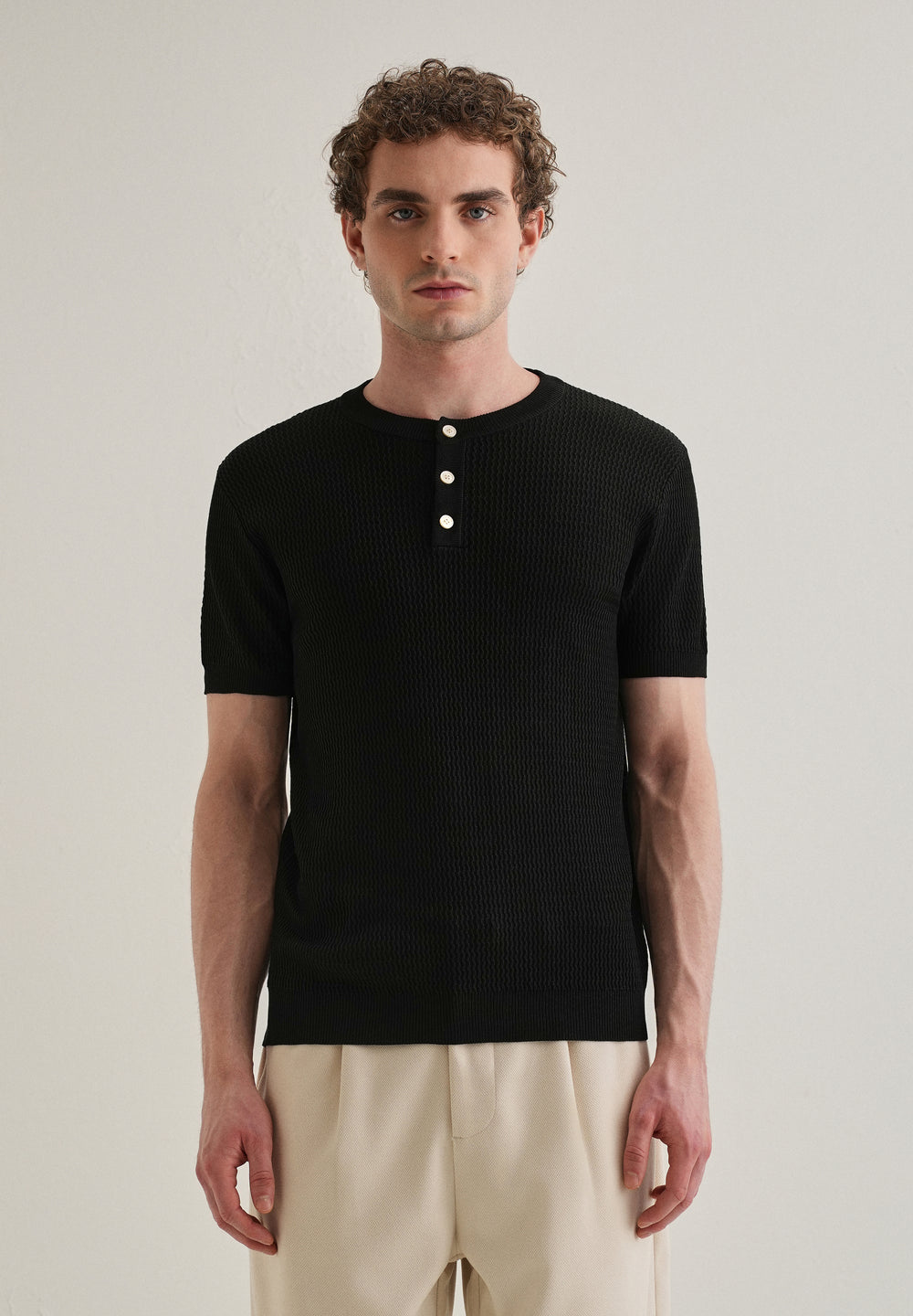 Black Henley Neck Knitted T-shirt