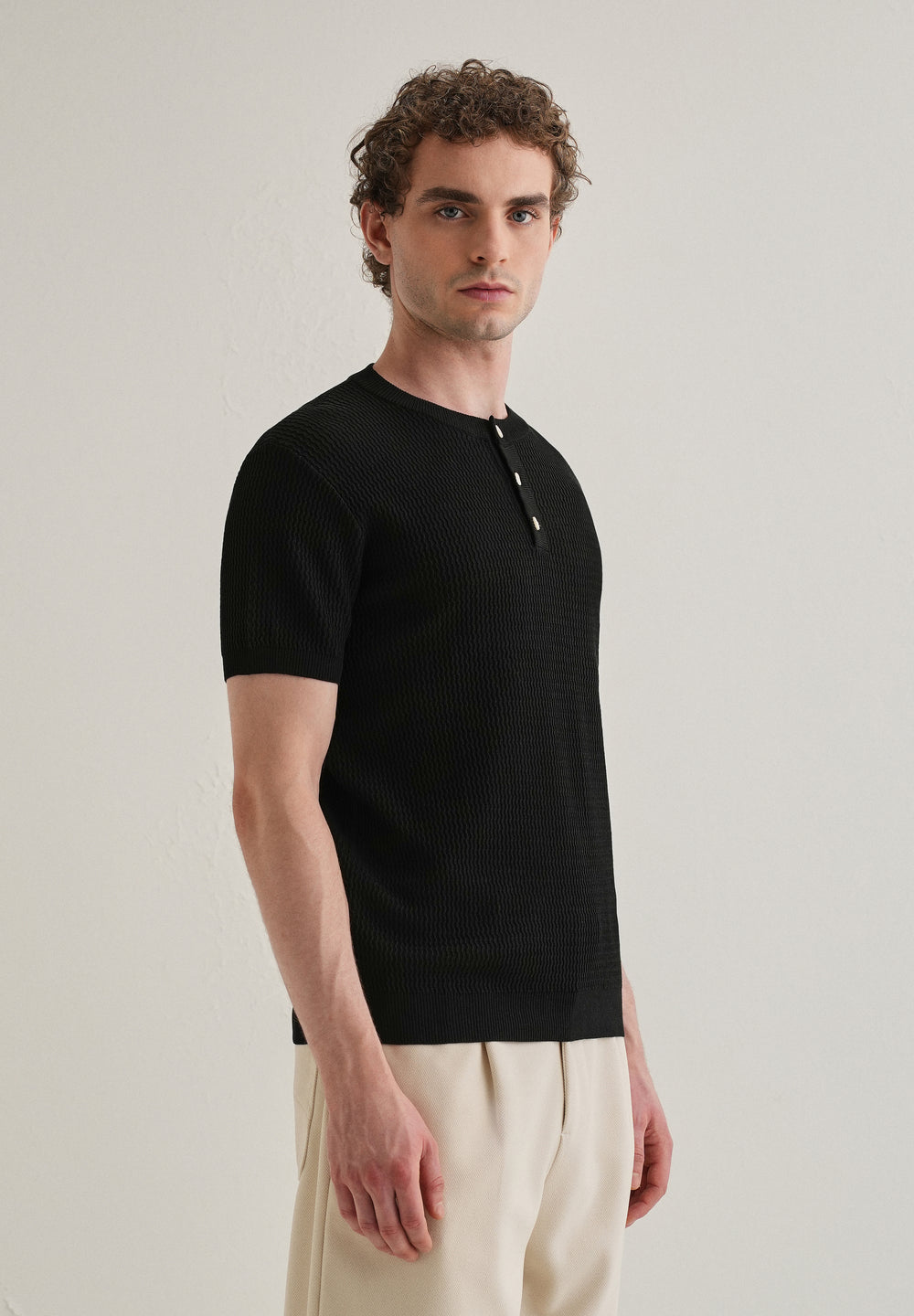 Black Henley Neck Knitted T-shirt