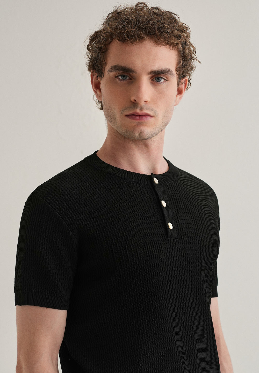 Black Henley Neck Knitted T-shirt