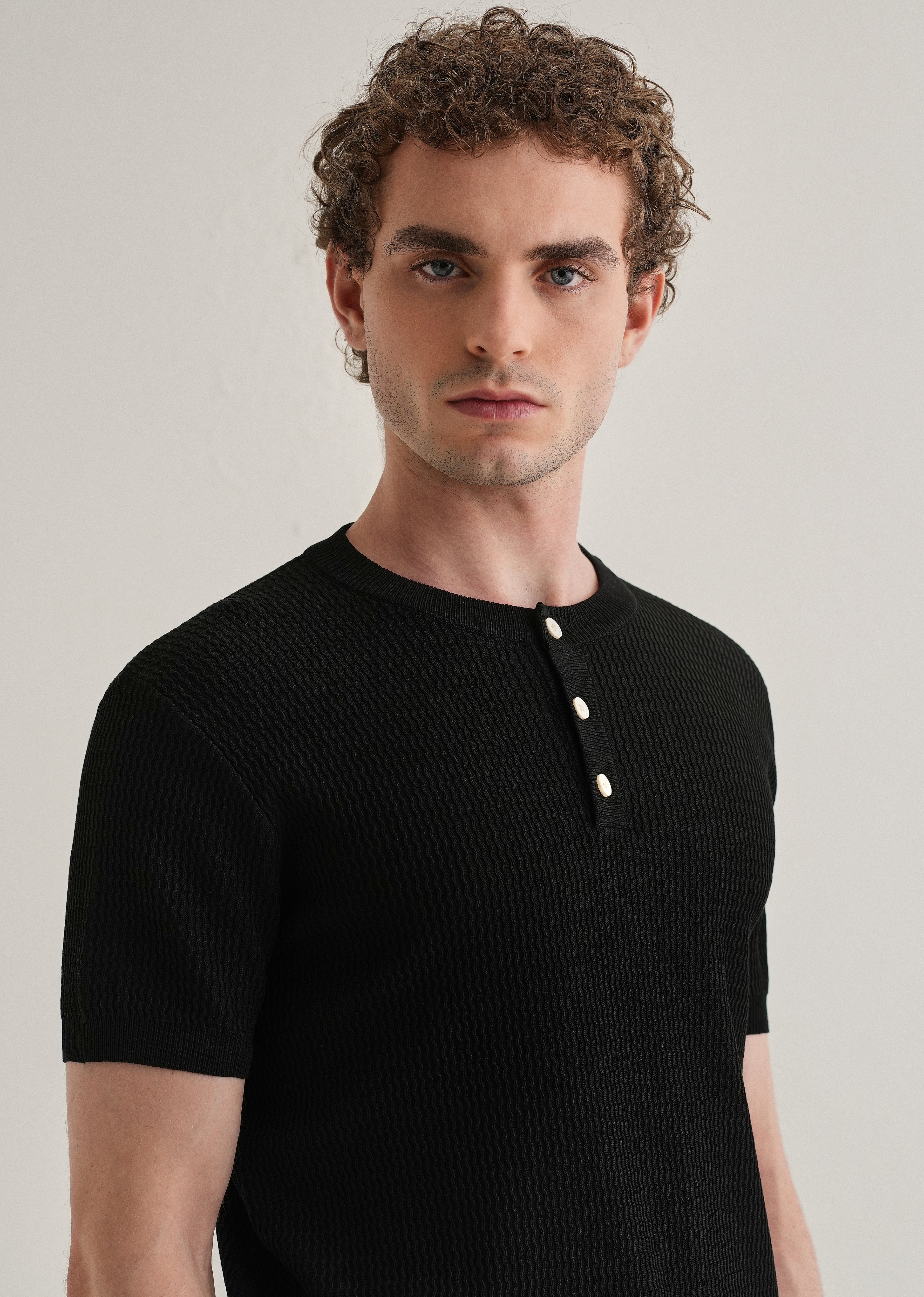 Black Henley Neck Knitted T-shirt