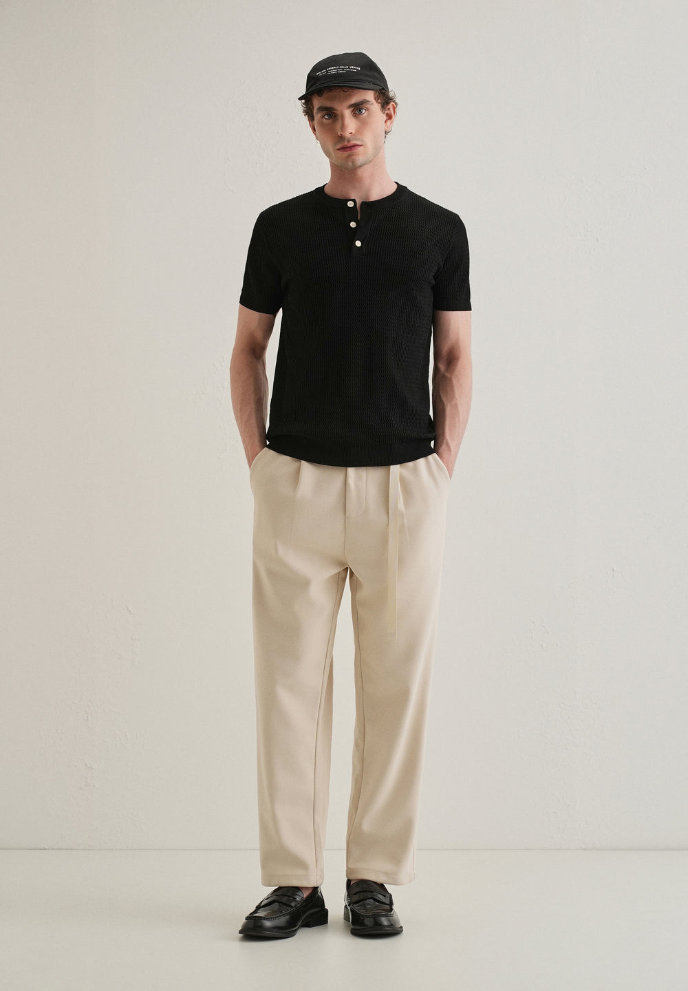 Black Henley Neck Knitted T-shirt