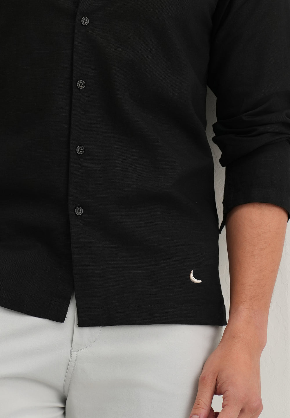 Black Hidden Sleeve Placket Cotton Linen Shirt