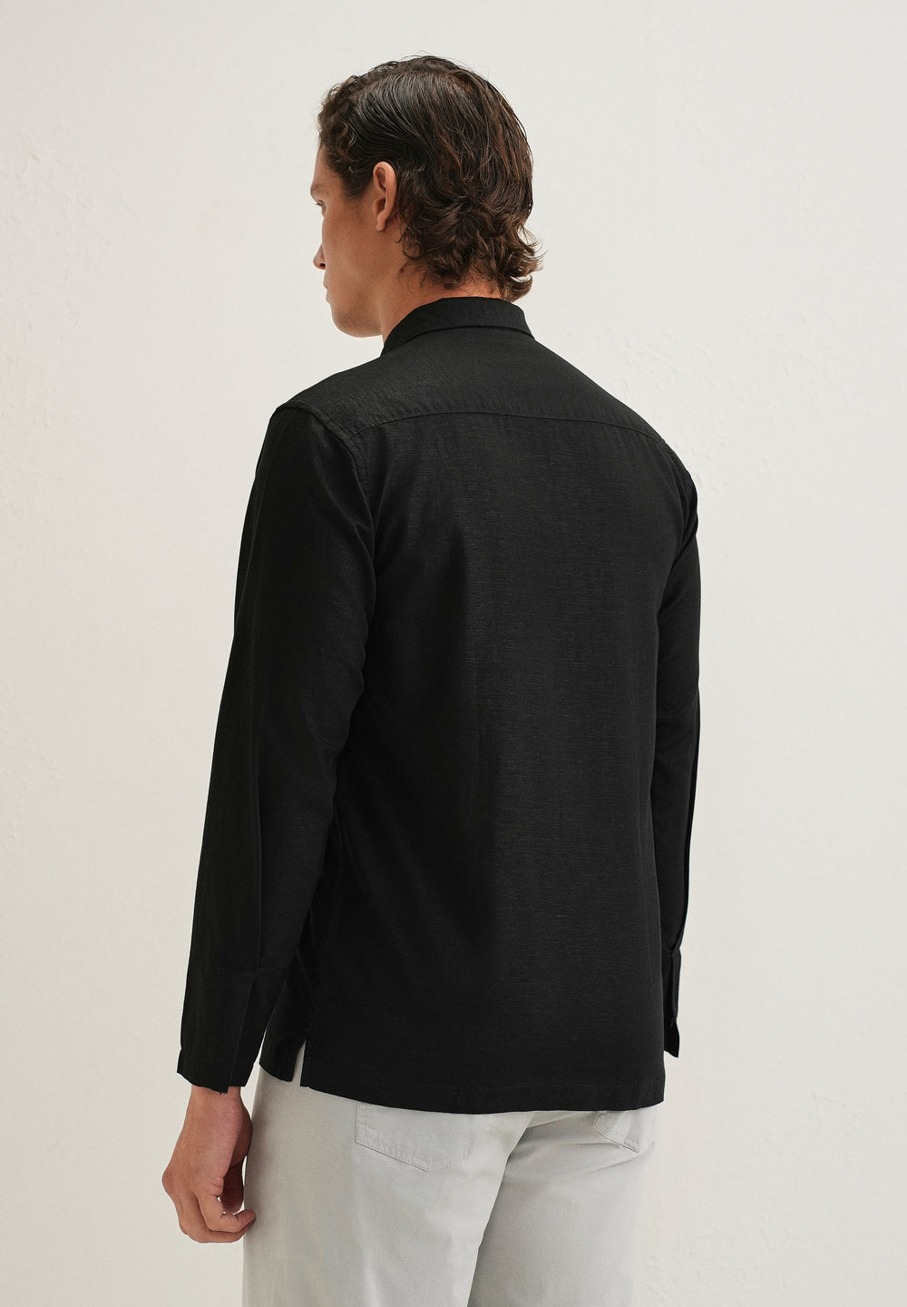 Black Hidden Sleeve Placket Cotton Linen Shirt