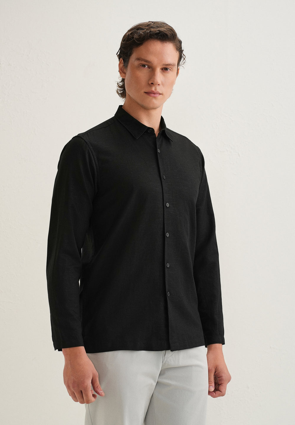 Black Hidden Sleeve Placket Cotton Linen Shirt