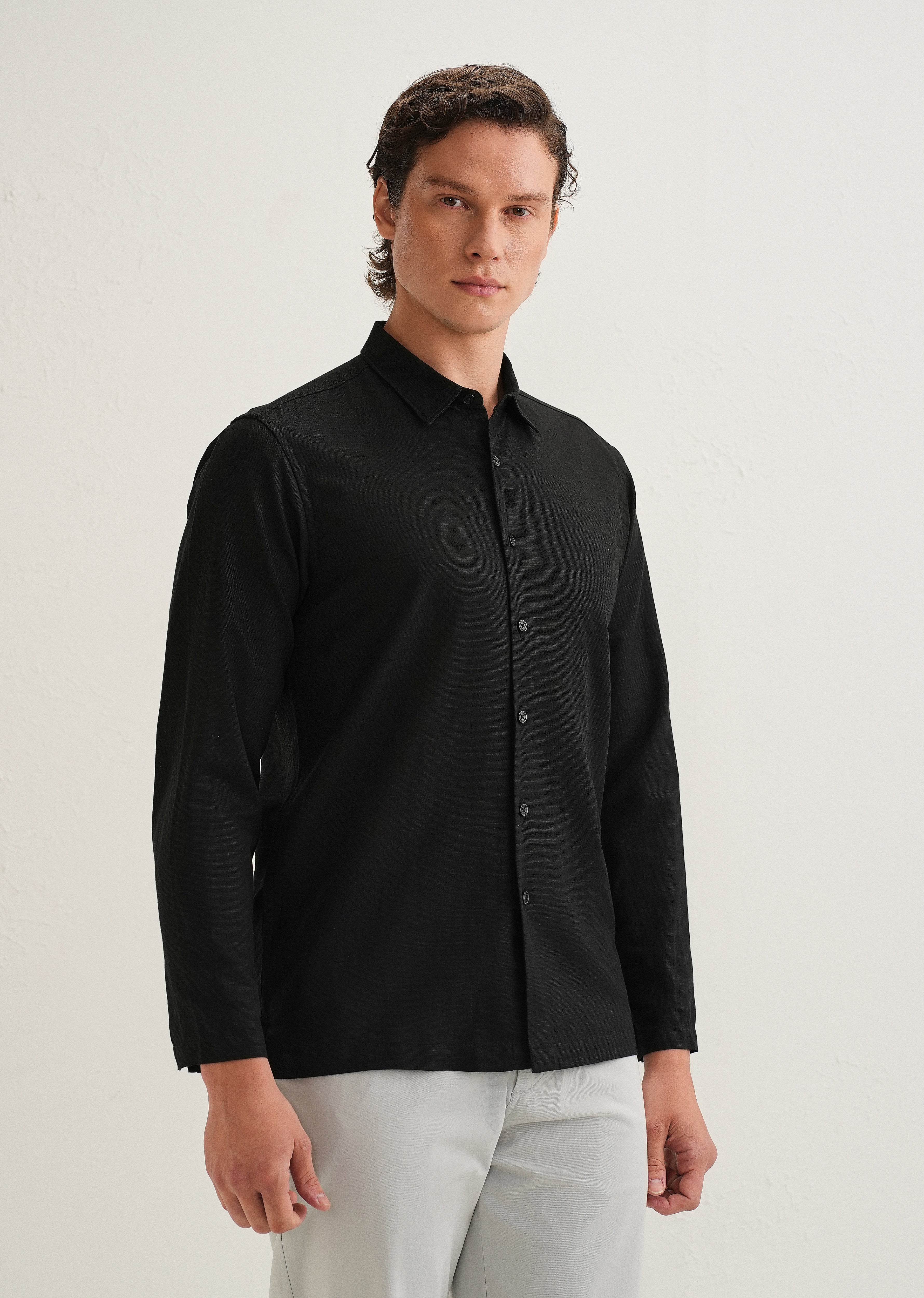 Black Hidden Sleeve Placket Cotton Linen Shirt