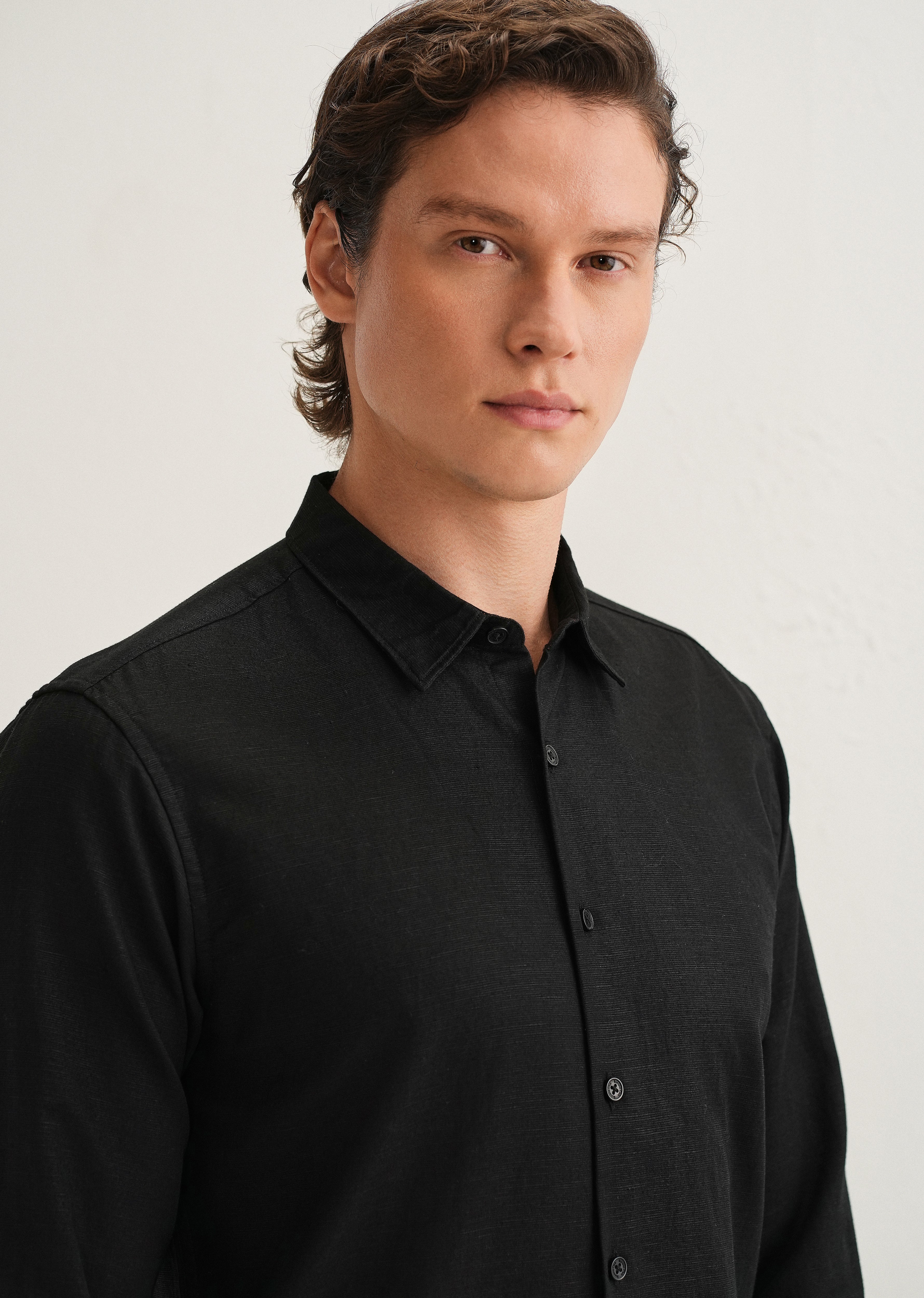Black Hidden Sleeve Placket Cotton Linen Shirt