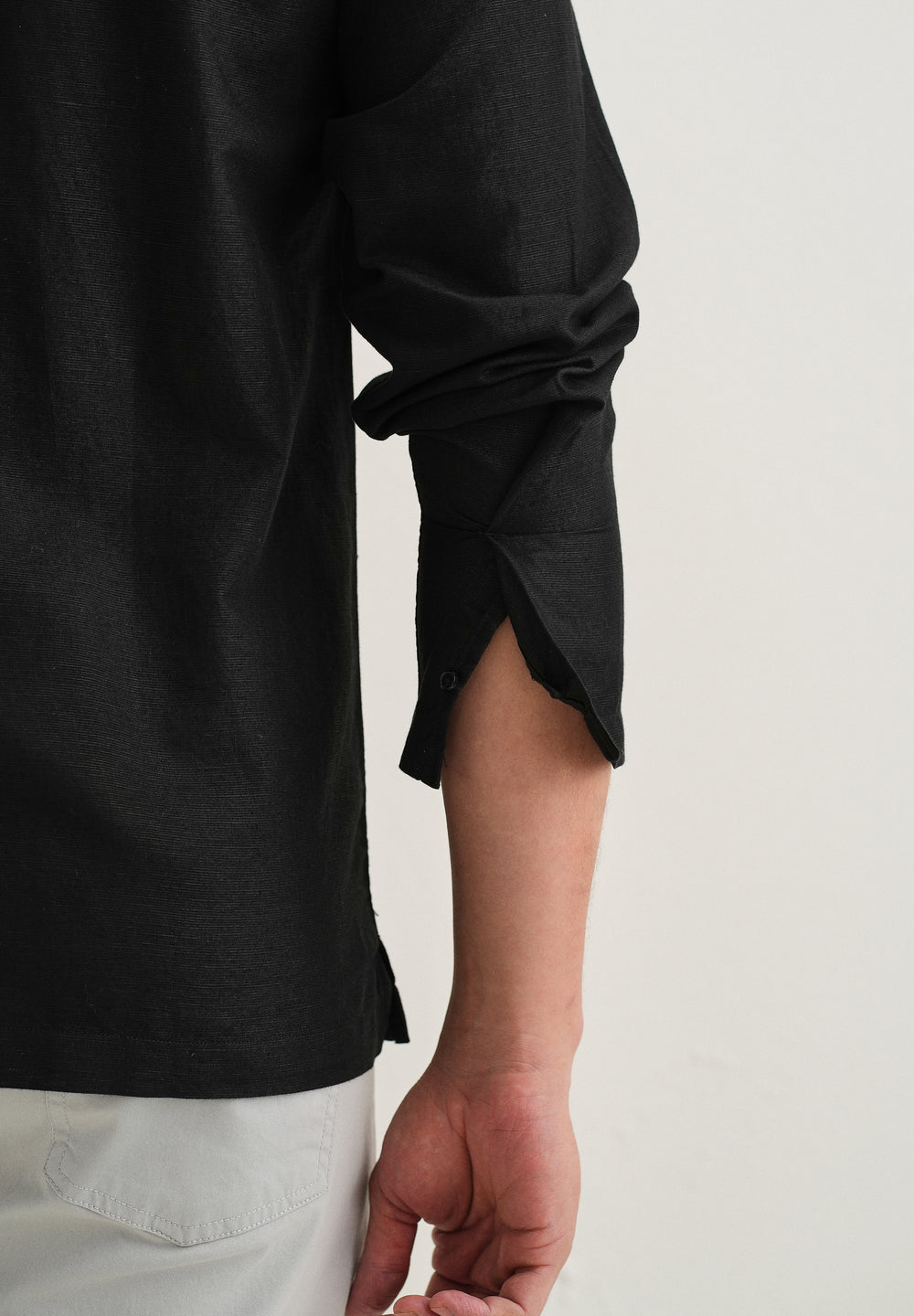 Black Hidden Sleeve Placket Cotton Linen Shirt