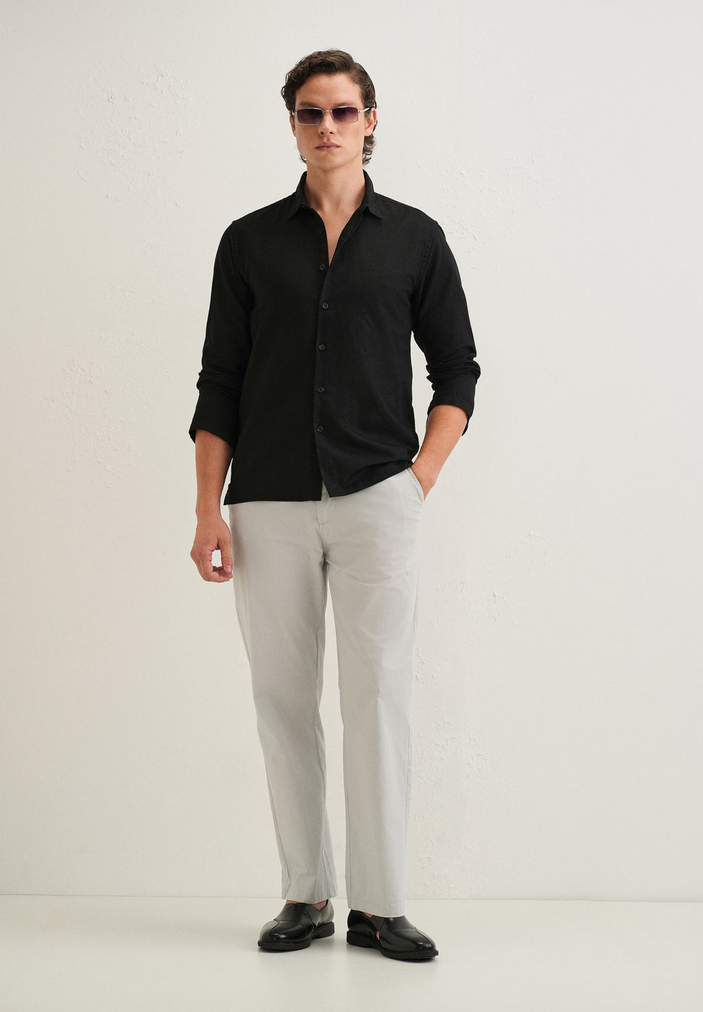 Black Hidden Sleeve Placket Cotton Linen Shirt