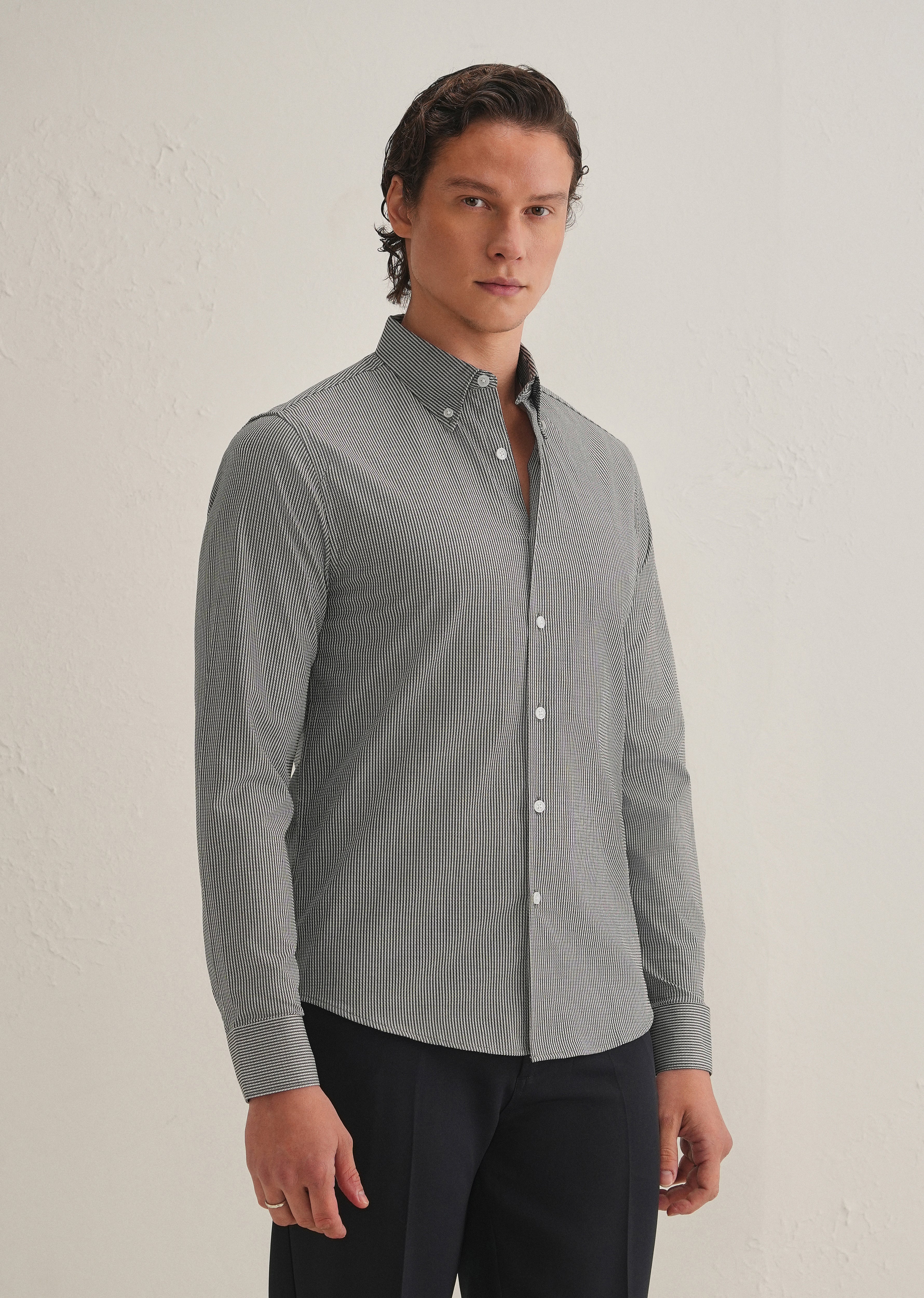 Black Houndstooth Dobby Cotton Shirt