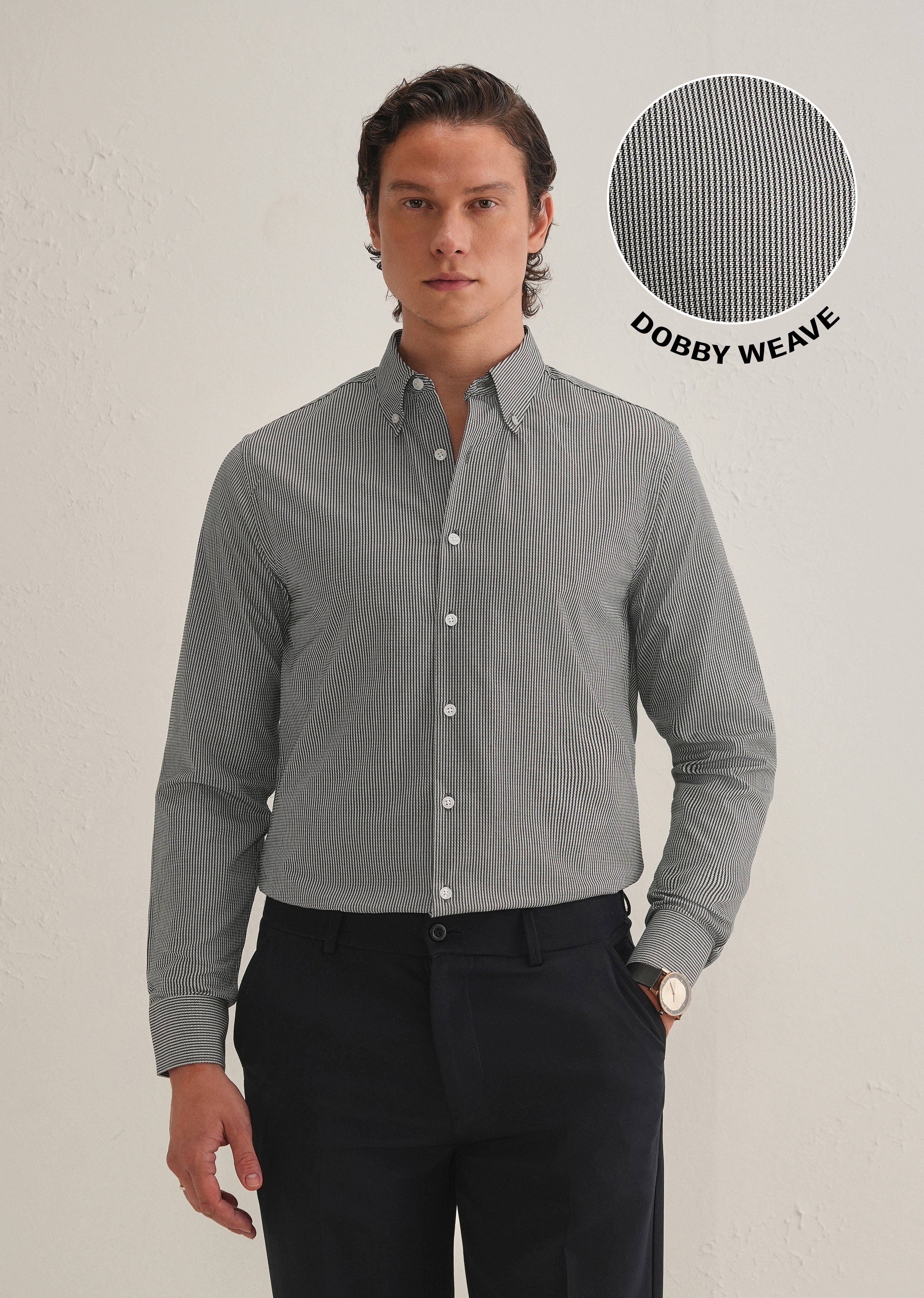 Black Houndstooth Dobby Cotton Shirt