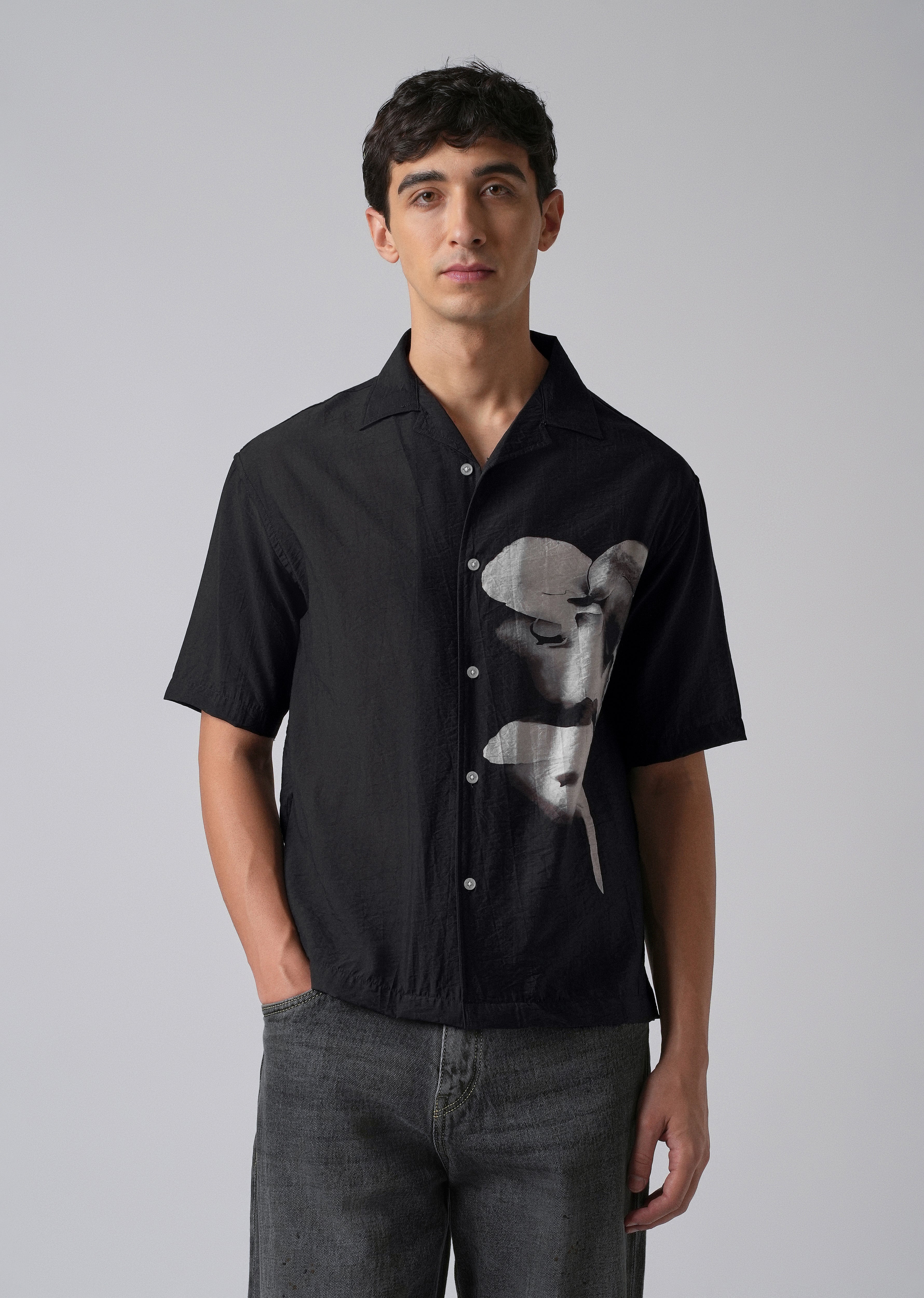 Black Ink Wash Floral Print Shirt