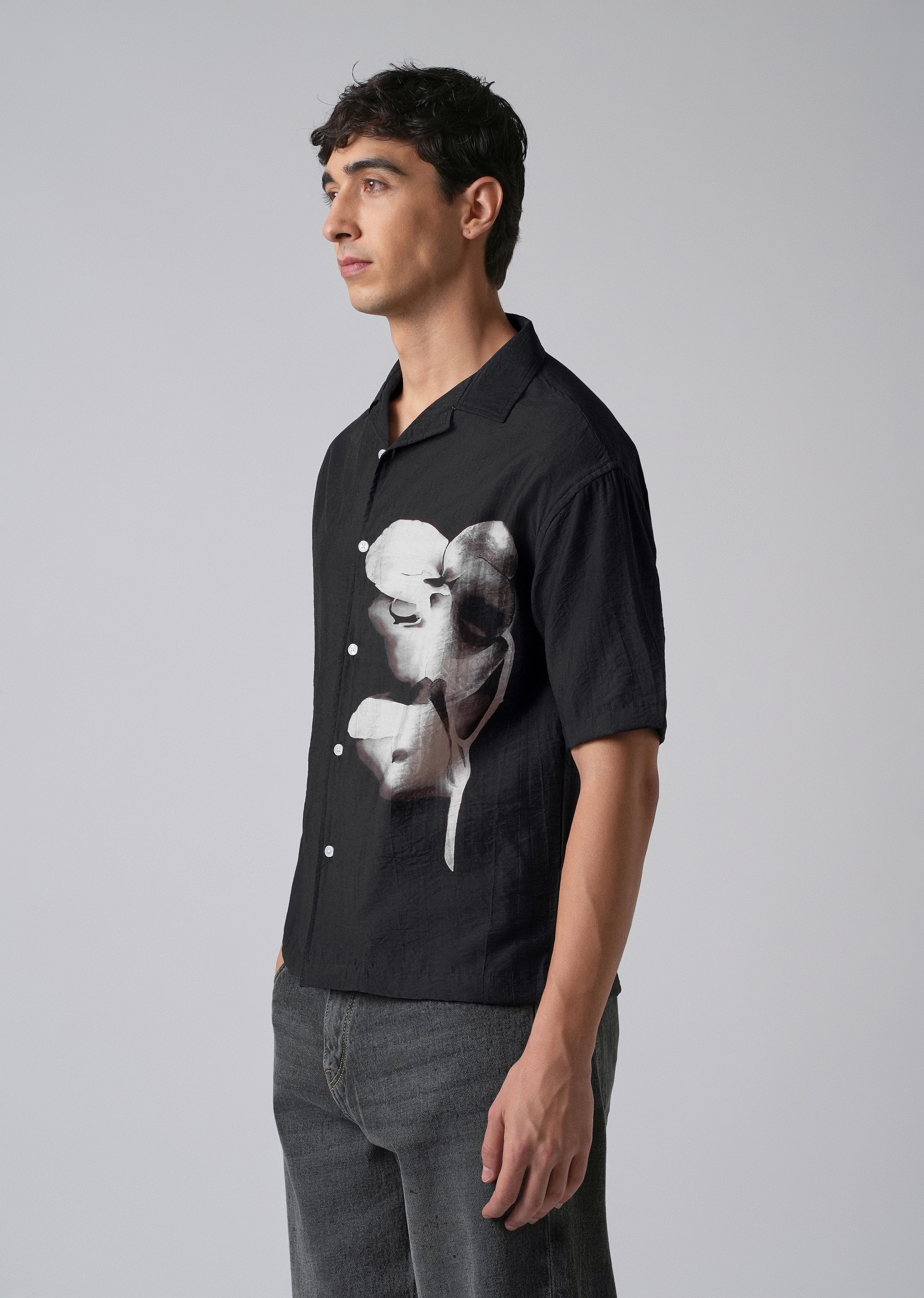 Black Ink Wash Floral Print Shirt