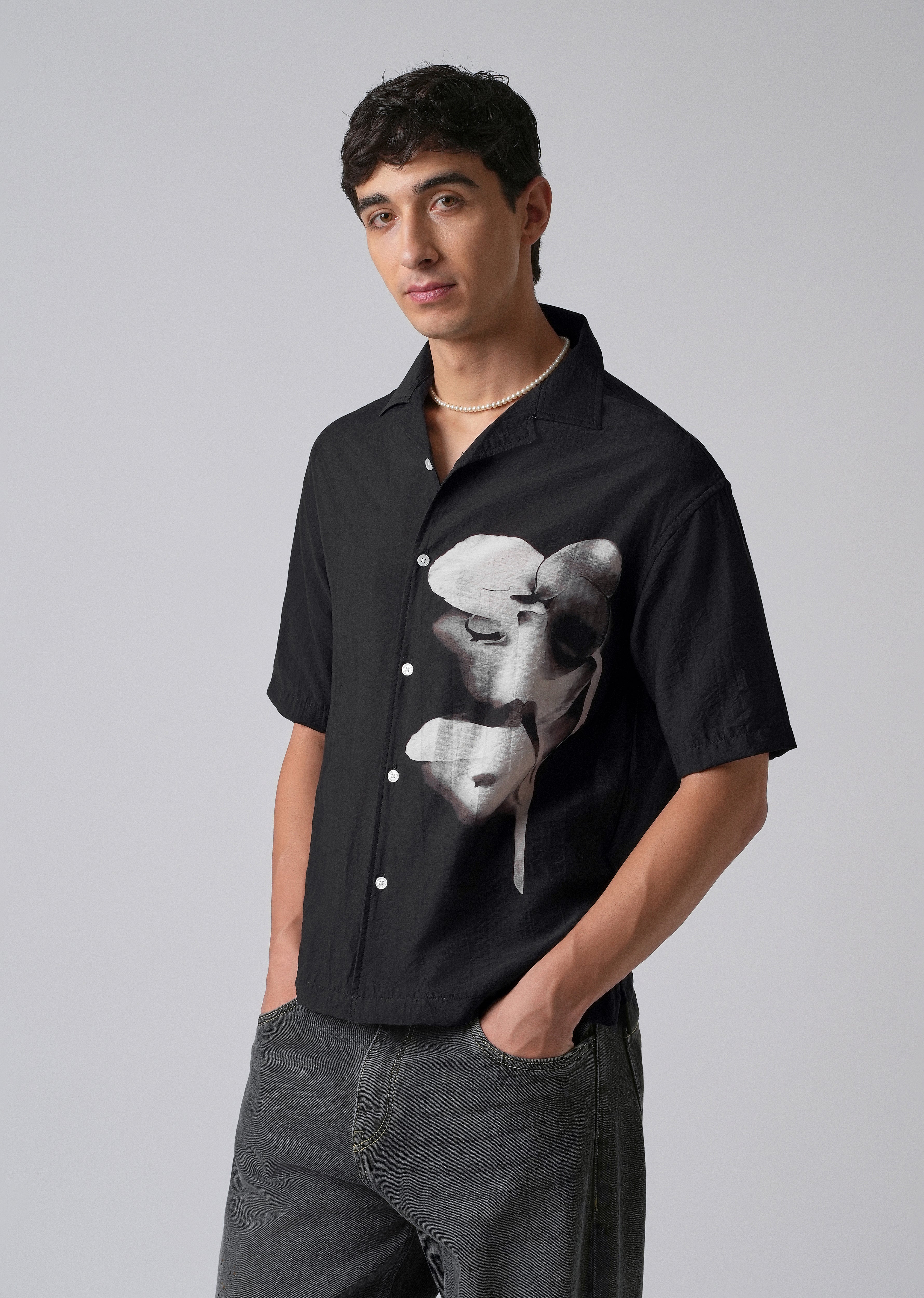 Black Ink Wash Floral Print Shirt